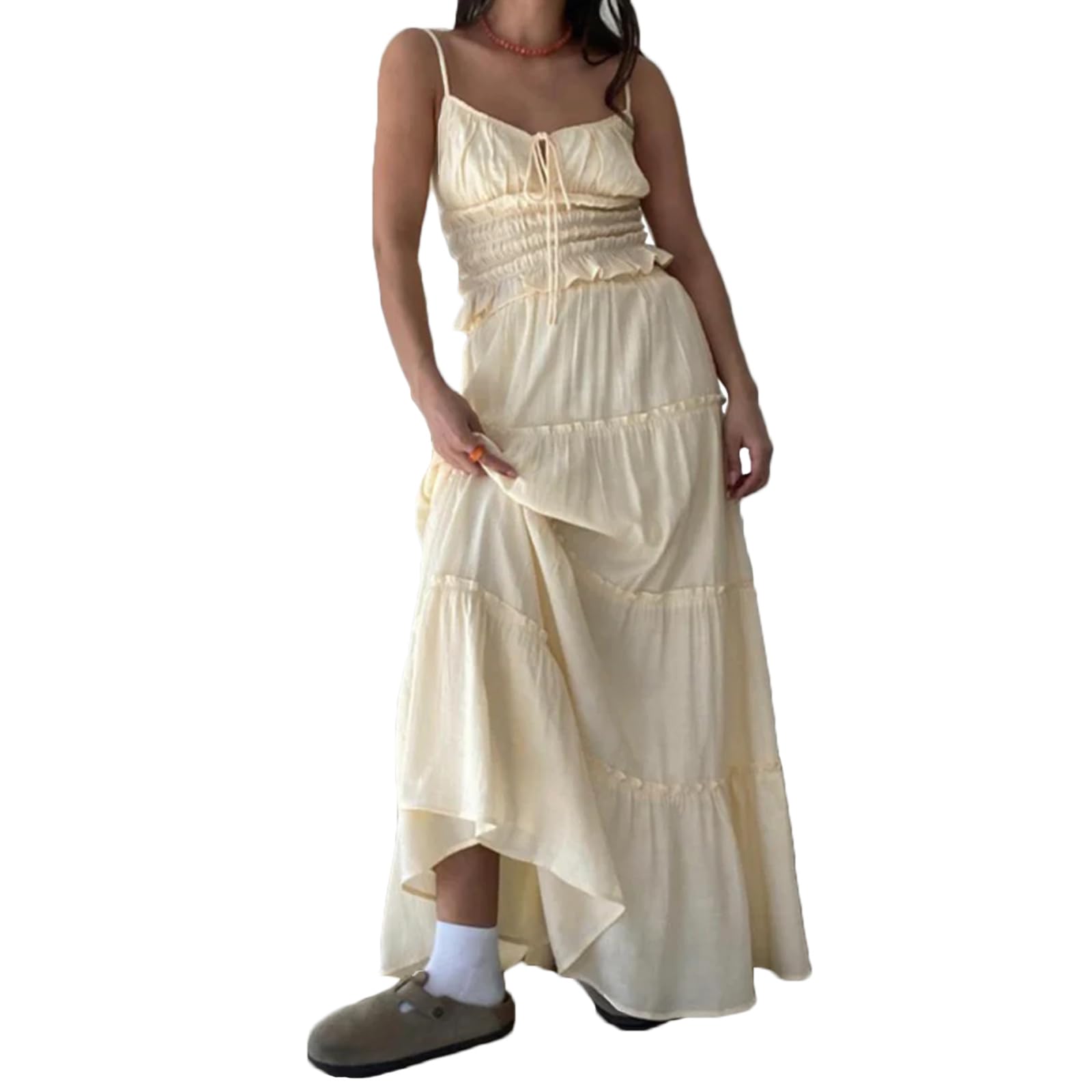 Women 2 Piece Outfits Y2k Sleeveless Lace Trim Cami Tops and Ruffle Ruched Maxi Skirt Matching Set