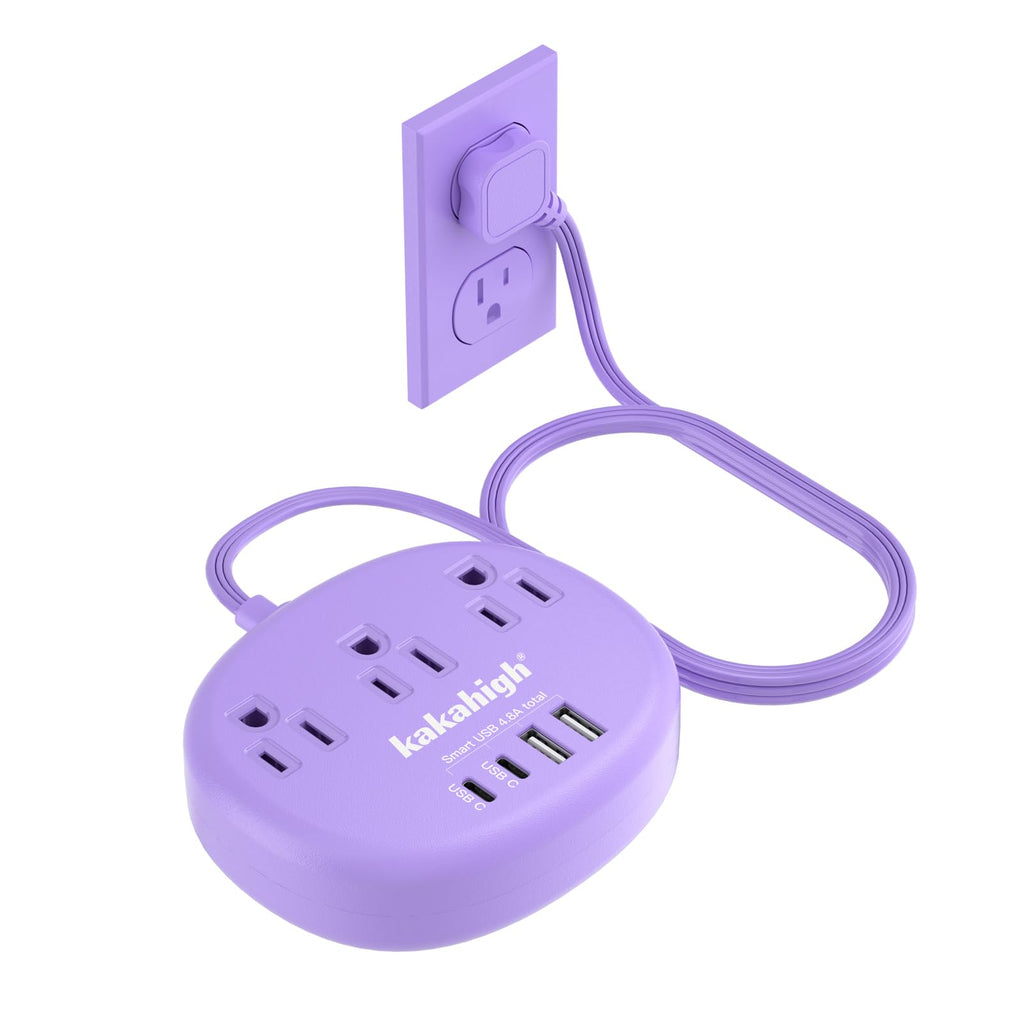 Cute Surge Protector â€?5FT Flat Extension Cord, 3 Outlets, 4 USB Ports (24W)