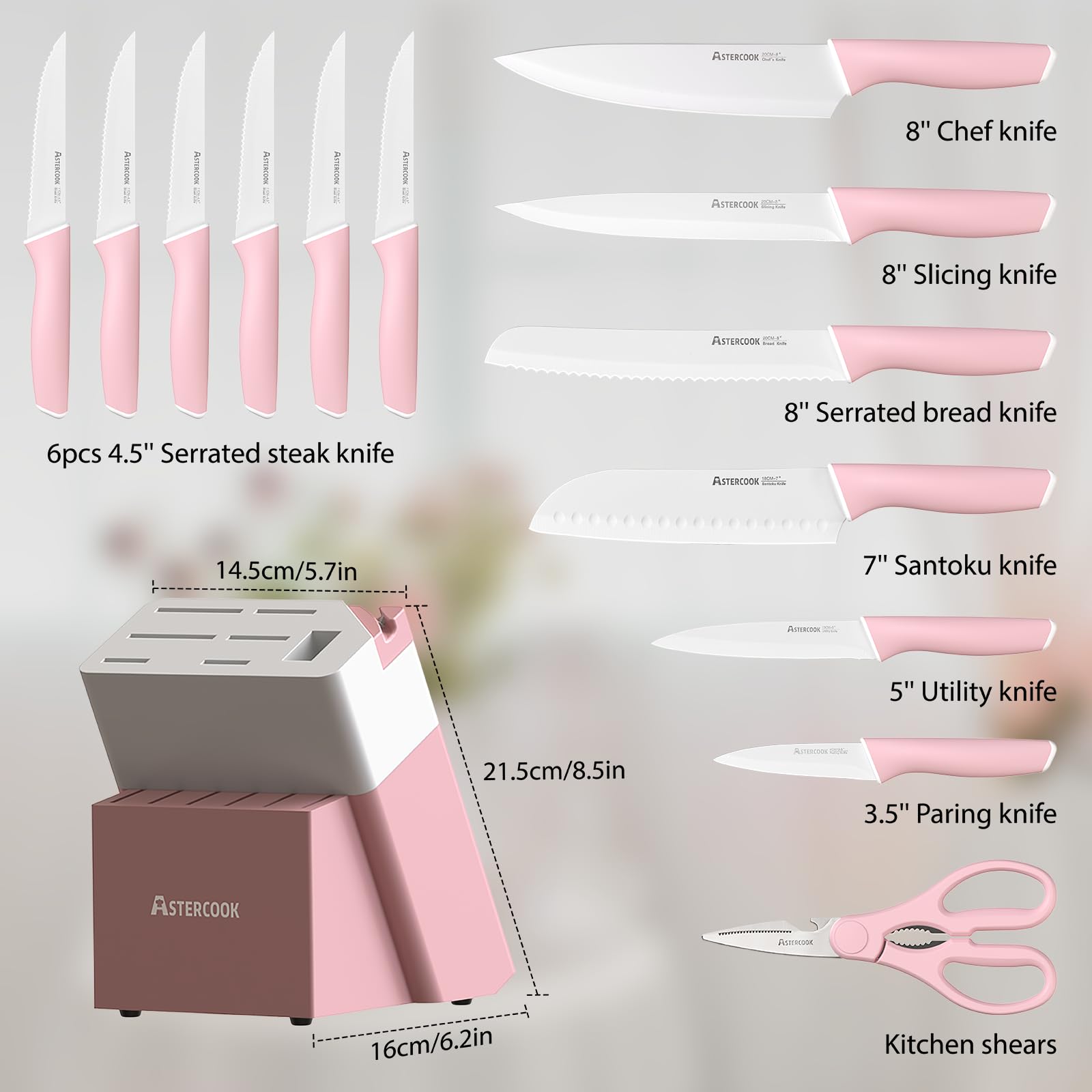 Colorful Kitchen Knives Set with Block and Sharpener Ceramic Coating 15 Pcs German Stainless Steel Knives Sharp Blade Dishwasher Safe Knife Block Set with Ergonomic Handle