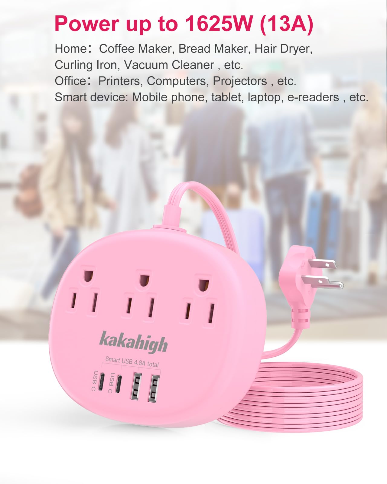 Cute Surge Protector â€?5FT Flat Extension Cord, 3 Outlets, 4 USB Ports (24W)