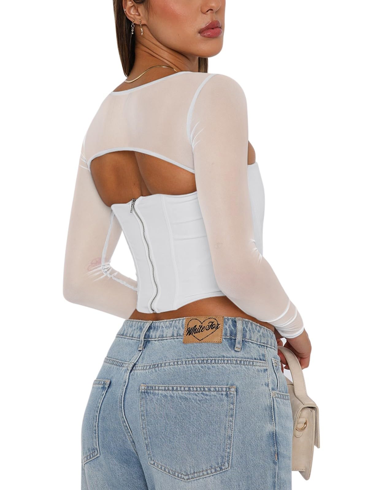 Women's Sexy Sheer Long-Sleeve Corset â€?Y2K Square Neck, Cropped Party Top