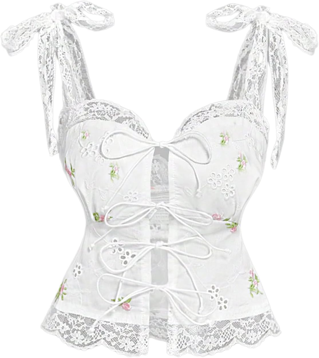 Women's Lace Floral Embroidery Coquette Tank Top Tie Shoulder Smocked Knot Y2K Crop Cami Top