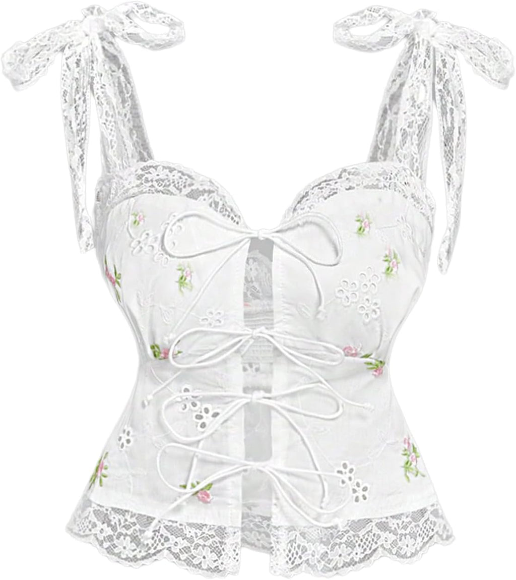 Women's Lace Floral Embroidery Coquette Tank Top Tie Shoulder Smocked Knot Y2K Crop Cami Top