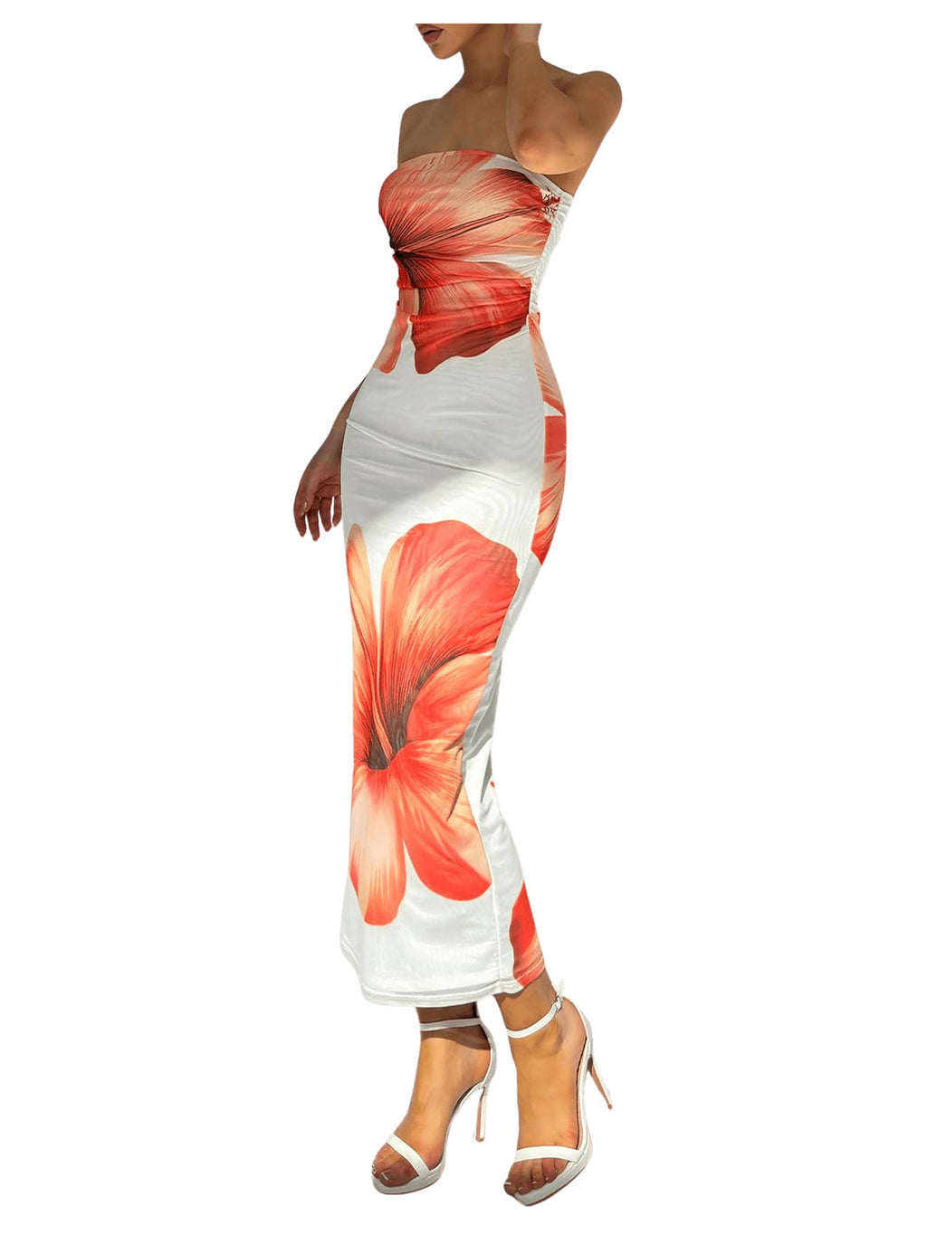 Women's Floral Strapless Bodycon Maxi Dress Summer Tube Top Dresses