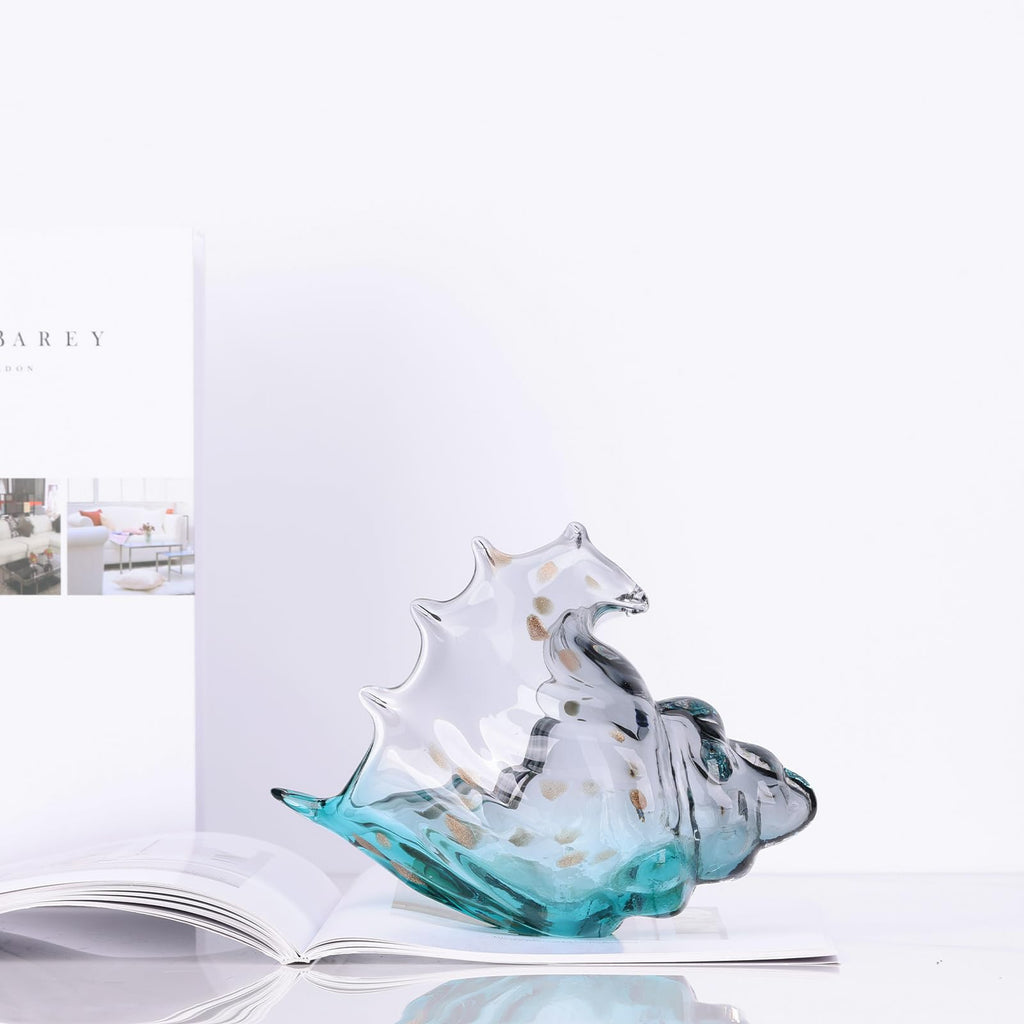 Hand Blown Glass Conch - Coastal Home Decor Conch Corners, Glass Art Conch Sculptures, Office Decor Blown Glass Art, Living Room Table Centerpieces, Bathroom Shelf Tops And Cabinet Decor