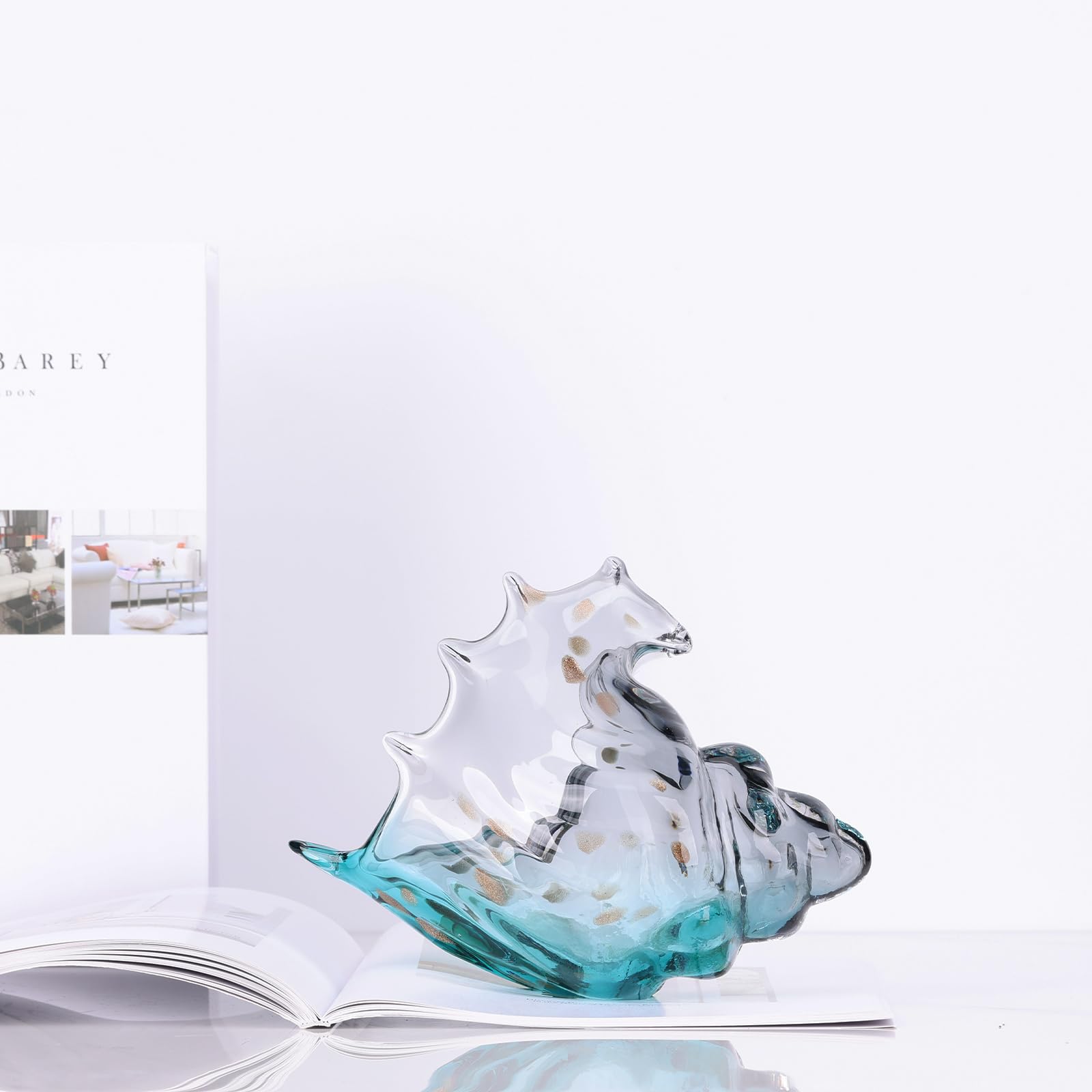 Hand Blown Glass Conch - Coastal Home Decor Conch Corners, Glass Art Conch Sculptures, Office Decor Blown Glass Art, Living Room Table Centerpieces, Bathroom Shelf Tops And Cabinet Decor