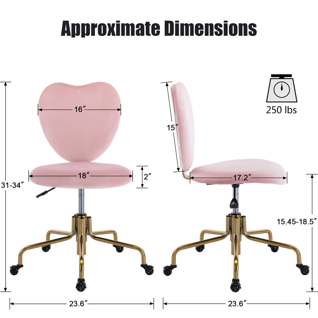 Coquette Adjustable Swivel Desk Chair with Wheels, Pink Upholstered Velvet Office Vanity Task Chair with Heart Back