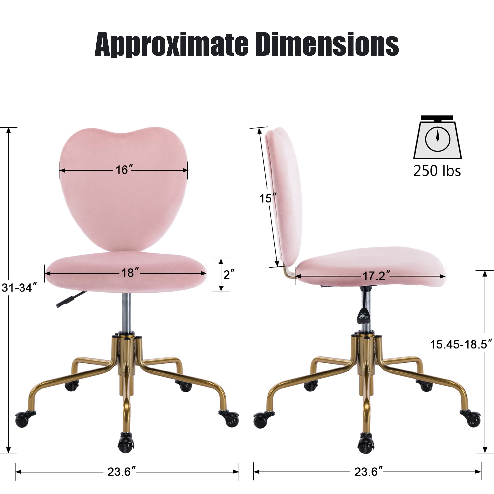 Coquette Adjustable Swivel Desk Chair with Wheels, Pink Upholstered Velvet Office Vanity Task Chair with Heart Back