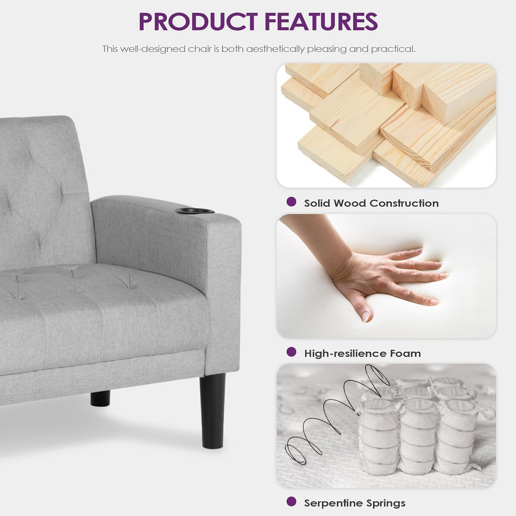 Velvet Loveseat Sofa w/ 2 USB Charger Ports and 2 Cupholders, Mid-Century Modern Tufted