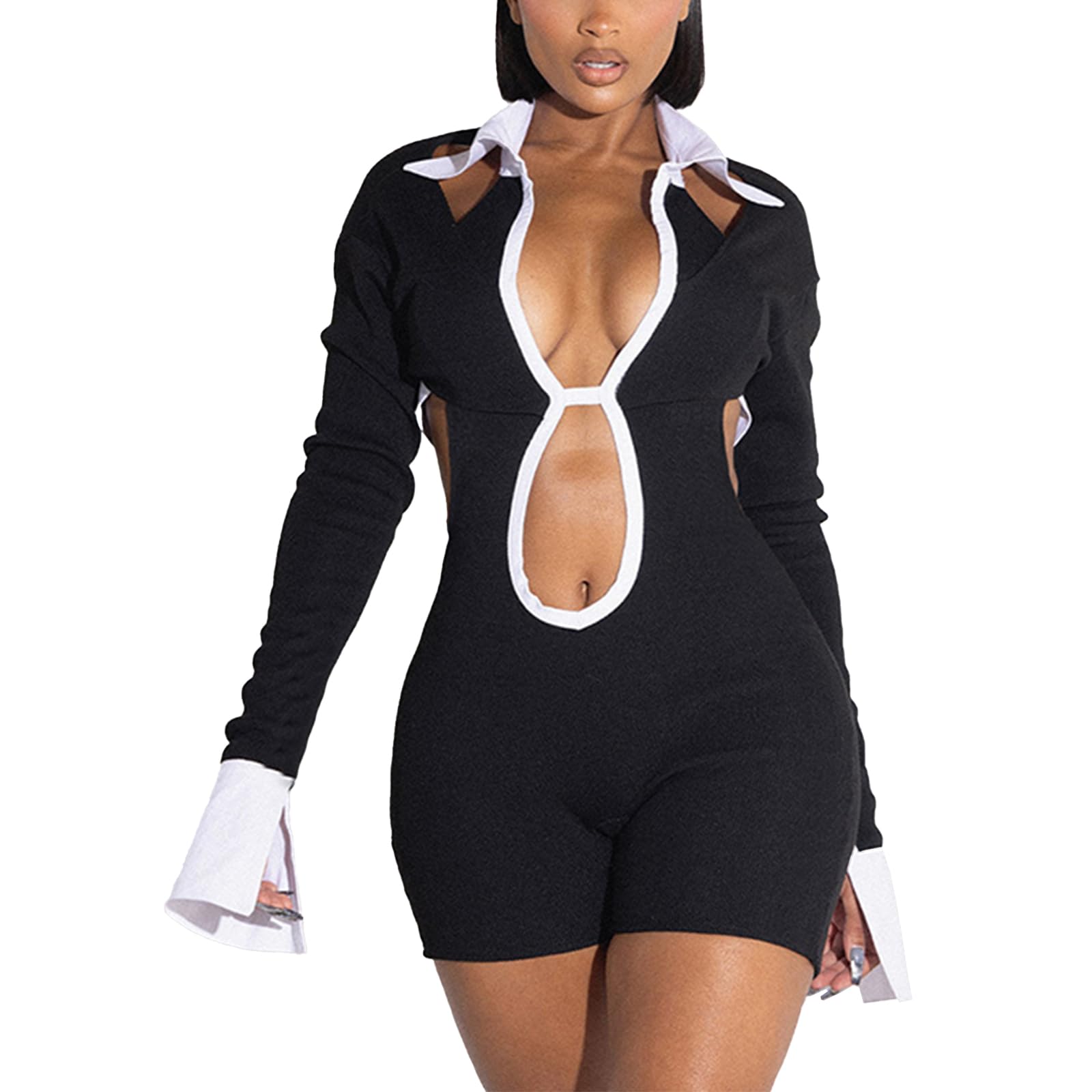 Women's Sexy Deep V Hollow Out Shirt Collar Long Sleeve Backless Strap Tight Jumpsuit Shorts