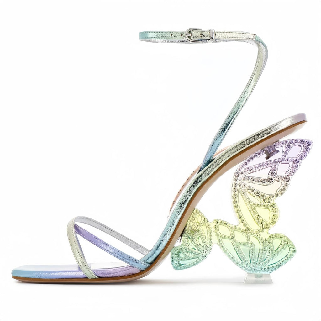 Rhinestone Butterfly Stilletos Heels Sandals for Women, Open Pointed High Heels Sandals Ankle Strap Buckles