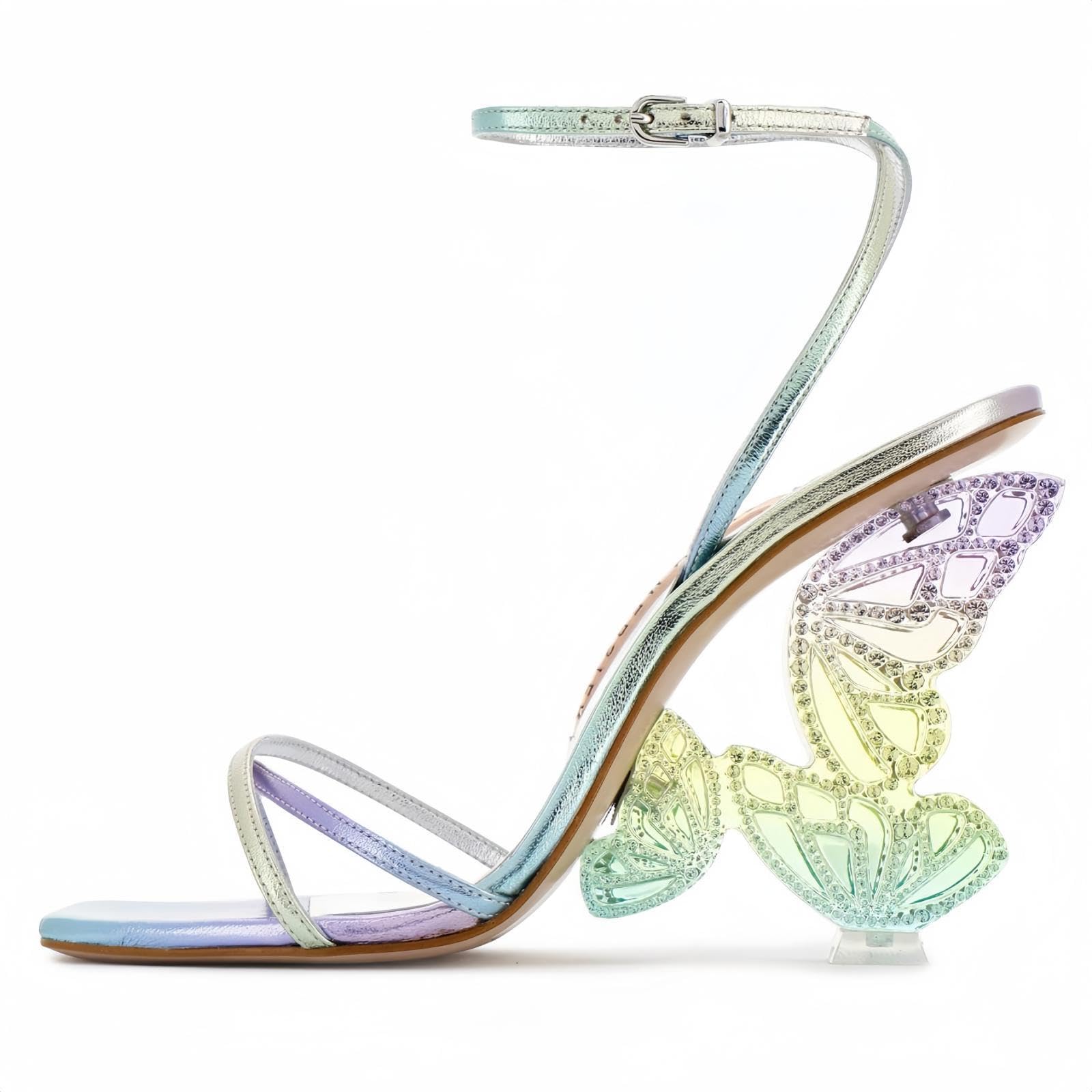 Rhinestone Butterfly Stilletos Heels Sandals for Women, Open Pointed High Heels Sandals Ankle Strap Buckles