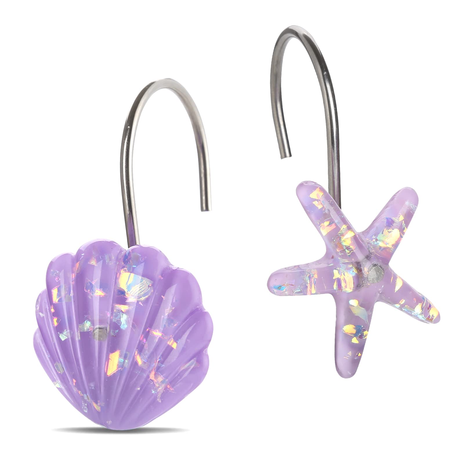 Seashell Shower Curtain Hooks, 12PCS Stainless Steel Anti Rust Starfish and Seashell Decorative Shower Hooks Ocean Theme Shower Curtain Hooks for Home Bathroom