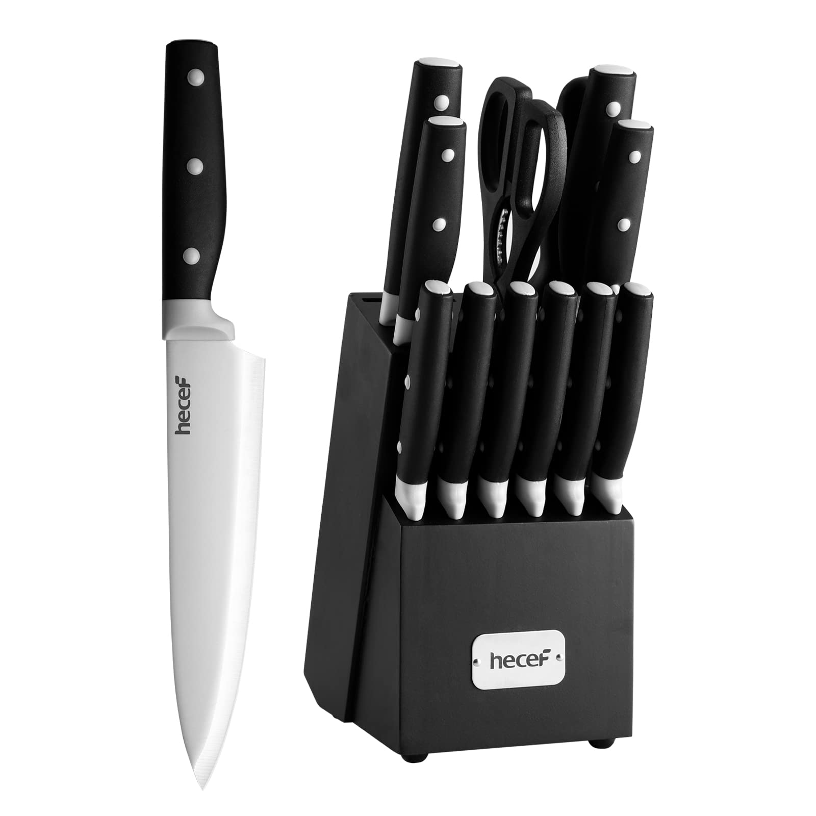 Kitchen Knife Block Set, 14 Pieces Knife Set with Wooden Block & Sharpener Steel & All-purpose Scissors, High Carbon Stainless Steel Cutlery Set