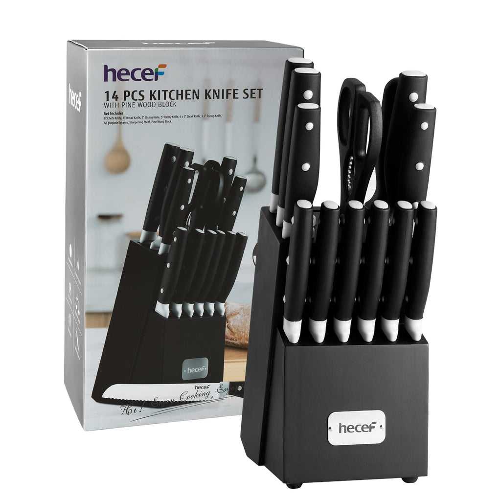 Kitchen Knife Block Set, 14 Pieces Knife Set with Wooden Block & Sharpener Steel & All-purpose Scissors, High Carbon Stainless Steel Cutlery Set