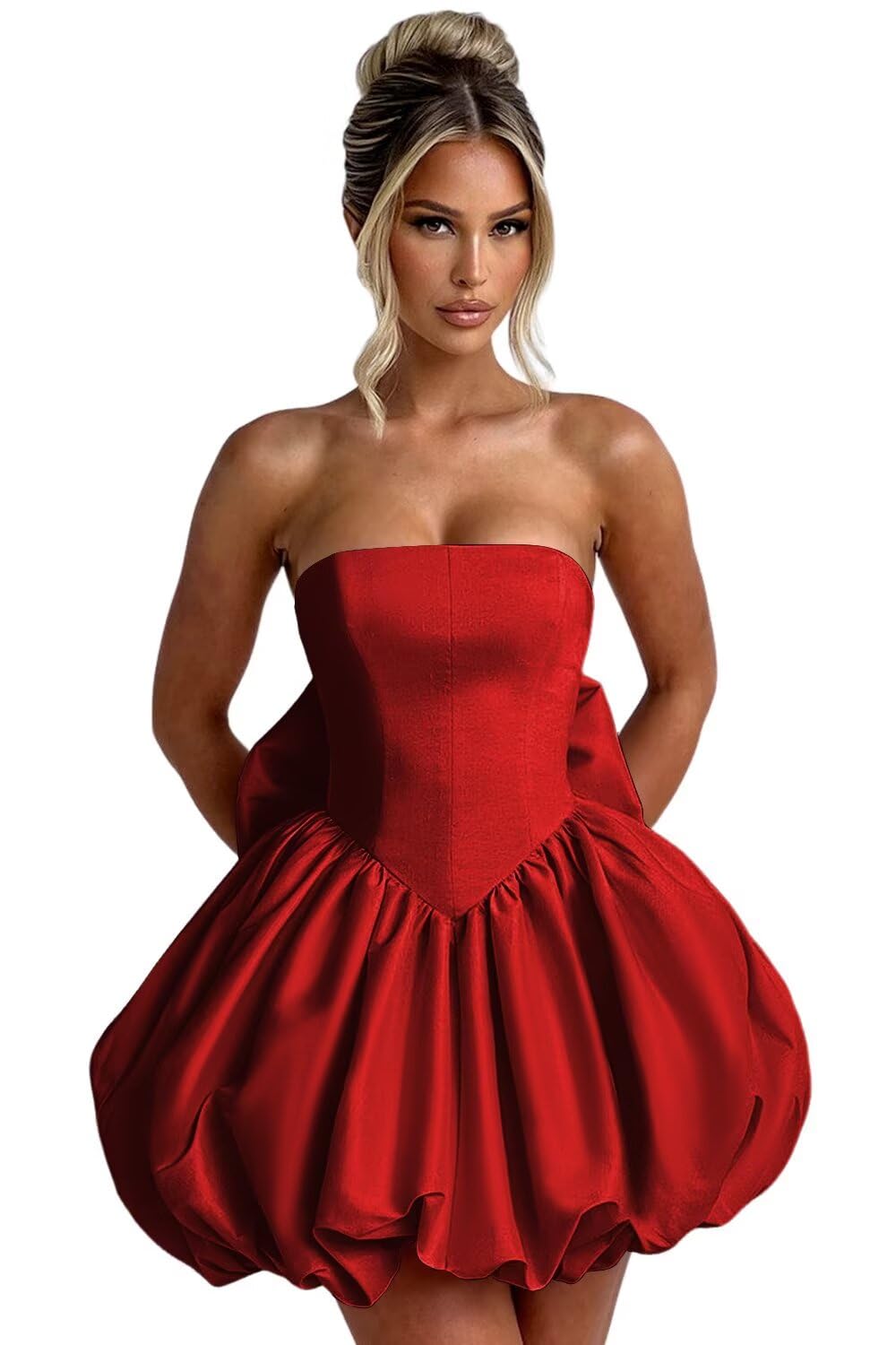 Satin Bubble Dress with Pockets Strapless Detachable Bow Short Ball Gowns A Line