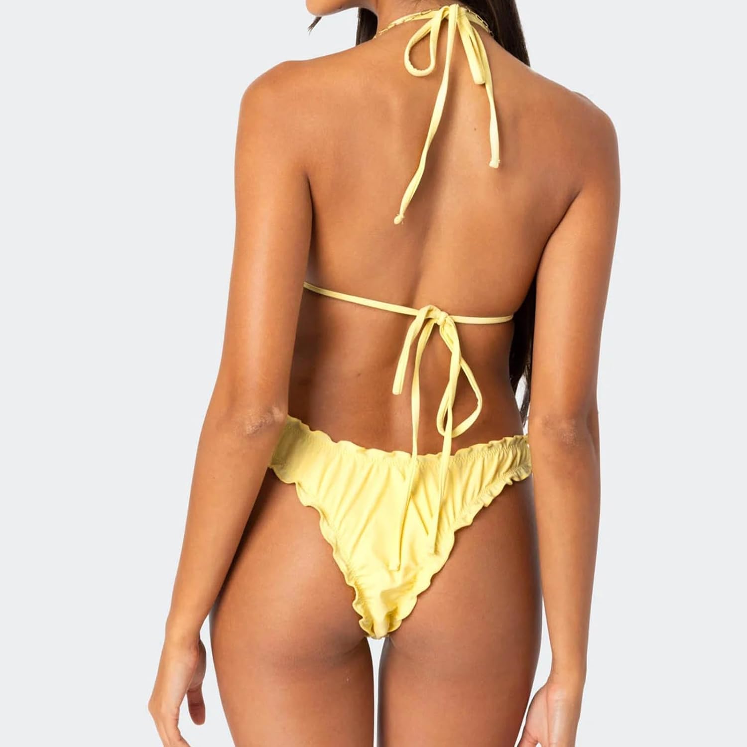 Women Cute Bikini Set Lettuce Trim Halter Neck Tie Up Bikini Top Triangle Set 2 Pieces Coquette Bathing Suit