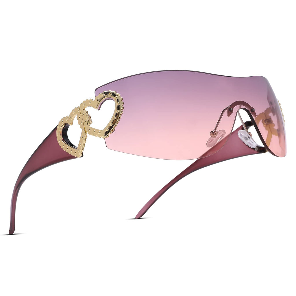Wrap Around Heart Rhinestones Rimless Sunglasses Women Men, Oversized Fashion Futuristic Sun Glasses Cool Shade 2000S Trendy