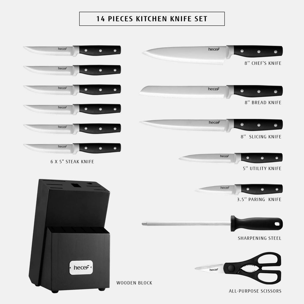 Kitchen Knife Block Set, 14 Pieces Knife Set with Wooden Block & Sharpener Steel & All-purpose Scissors, High Carbon Stainless Steel Cutlery Set