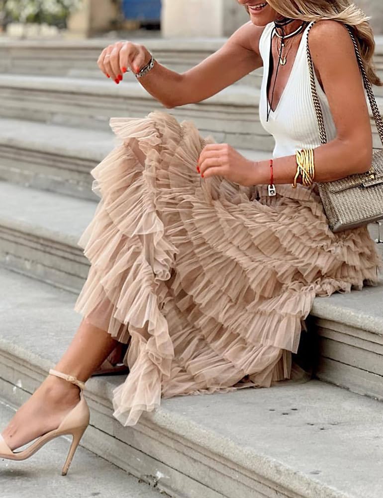 Long Tulle Skirt for Women Trendy High Waisted A Line Fluffy Fairy Mesh Layered Ruffle Skirt