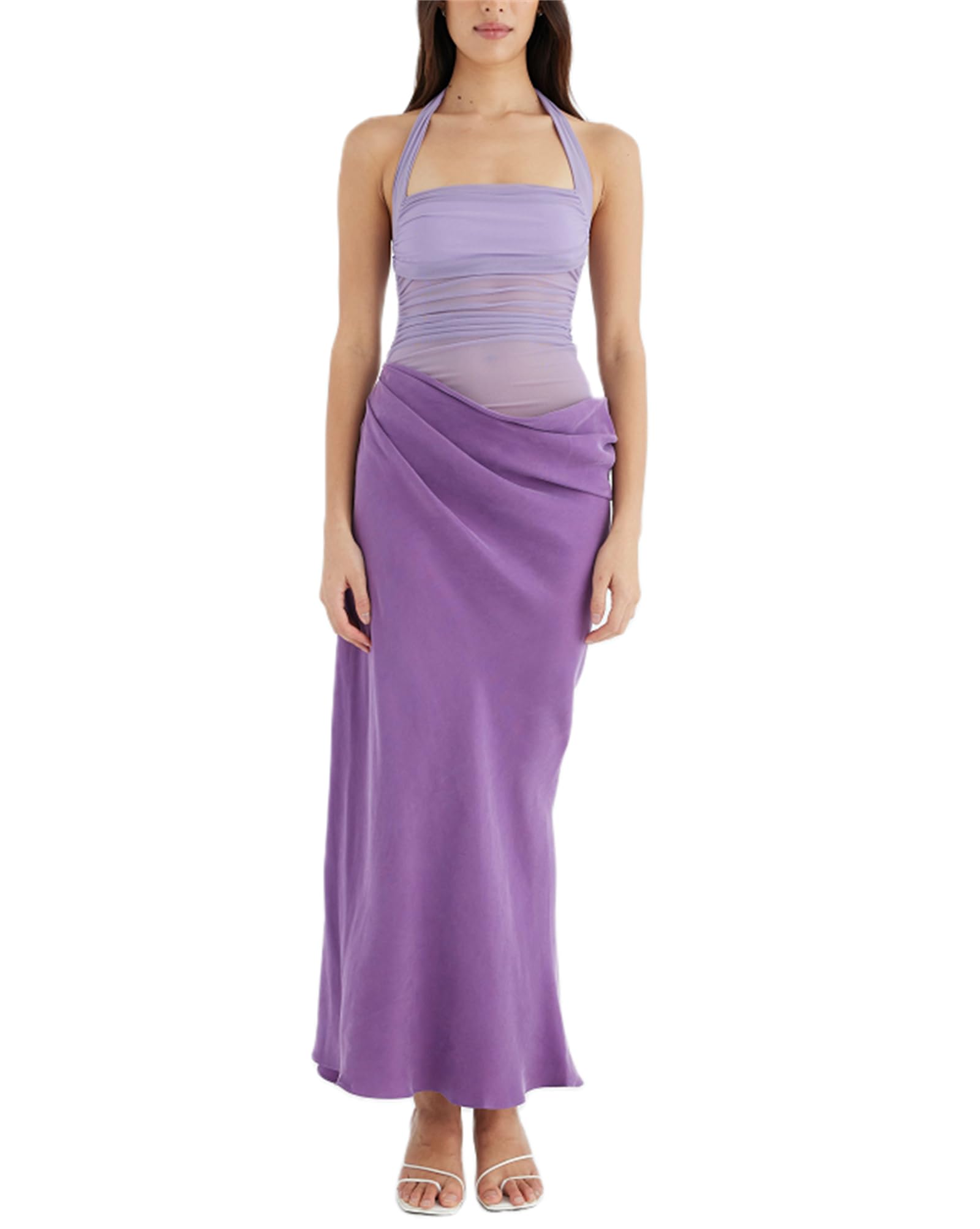 Women Sexy Hollow Out Maxi Dress Sleeveless Backless Lace Pachwork Bodycon Long Dress Y2k Dress