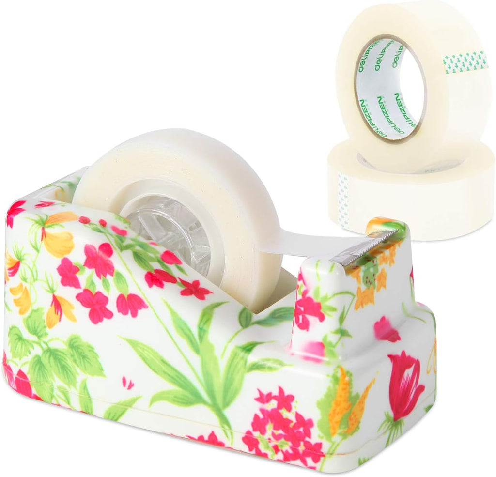 Cute Tape Dispenser Desk Cute Home Office Desk Supplies Fun Desk Accessories Floral Tape Dispenser Cute Office Supplies for Women Desk Weighted Non-Skid Non-Slip Base Tape Dispensers