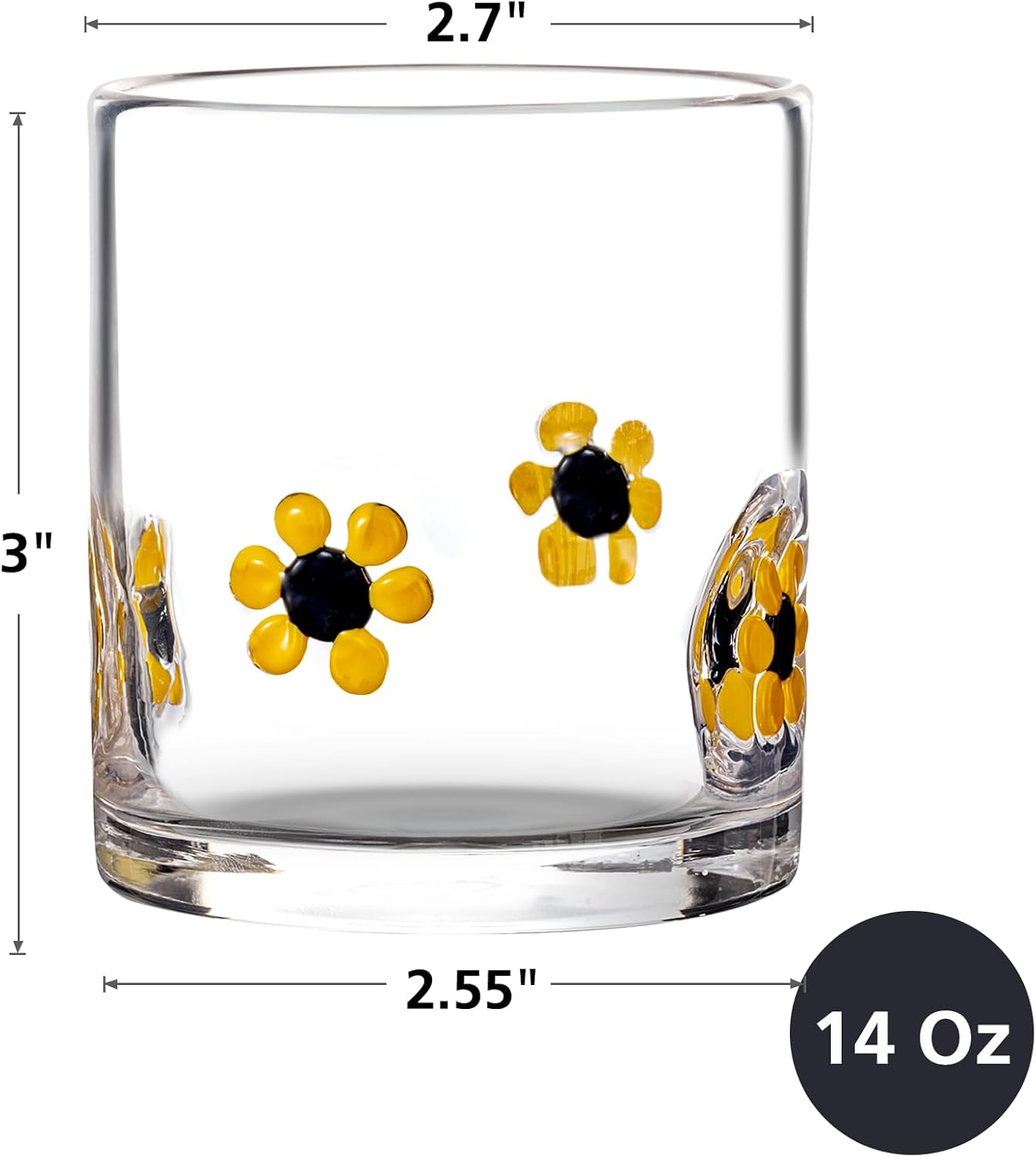 Sunflower Embossed Rocks Glasses â€?Set of 2, 14 oz Mexican Old Fashioned Whiskey Glasses with Heavy Base, Dishwasher Safe