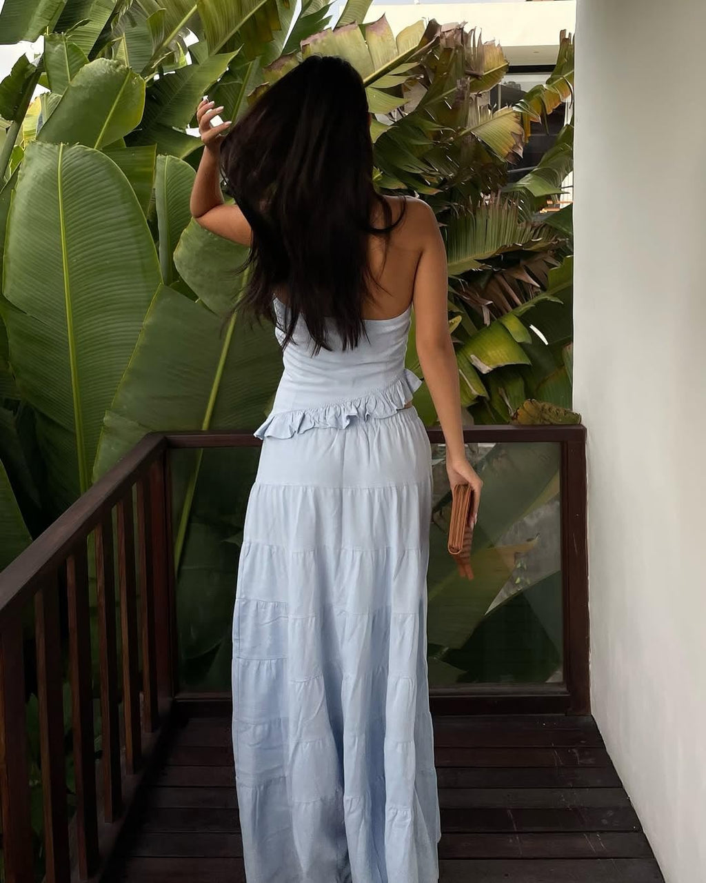 Womens 2 Piece Maxi Skirt Set Y2k Halter Ruched Cami Top Tiered Flowy Ruffle Skirt Outfit