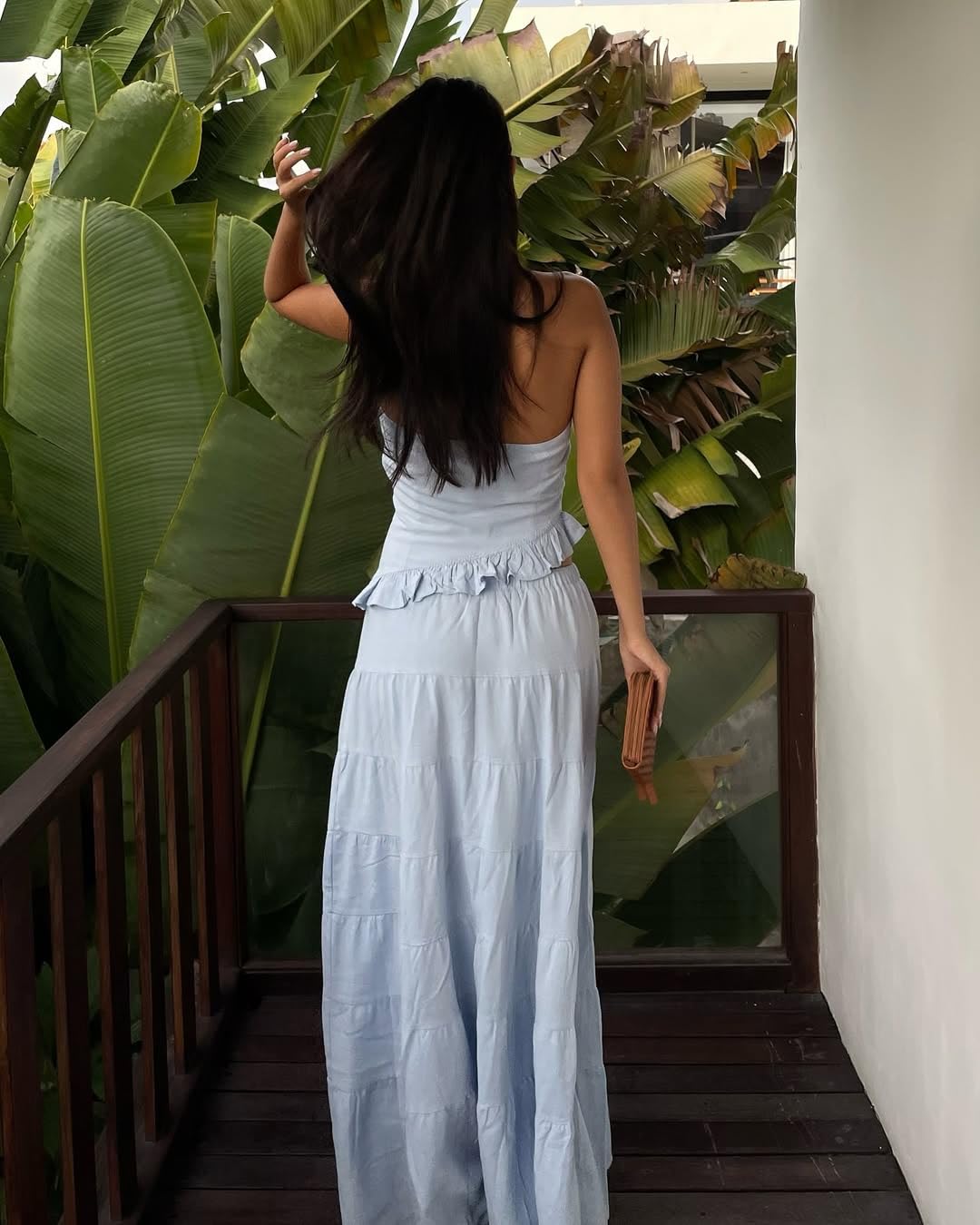 Womens 2 Piece Maxi Skirt Set Y2k Halter Ruched Cami Top Tiered Flowy Ruffle Skirt Outfit