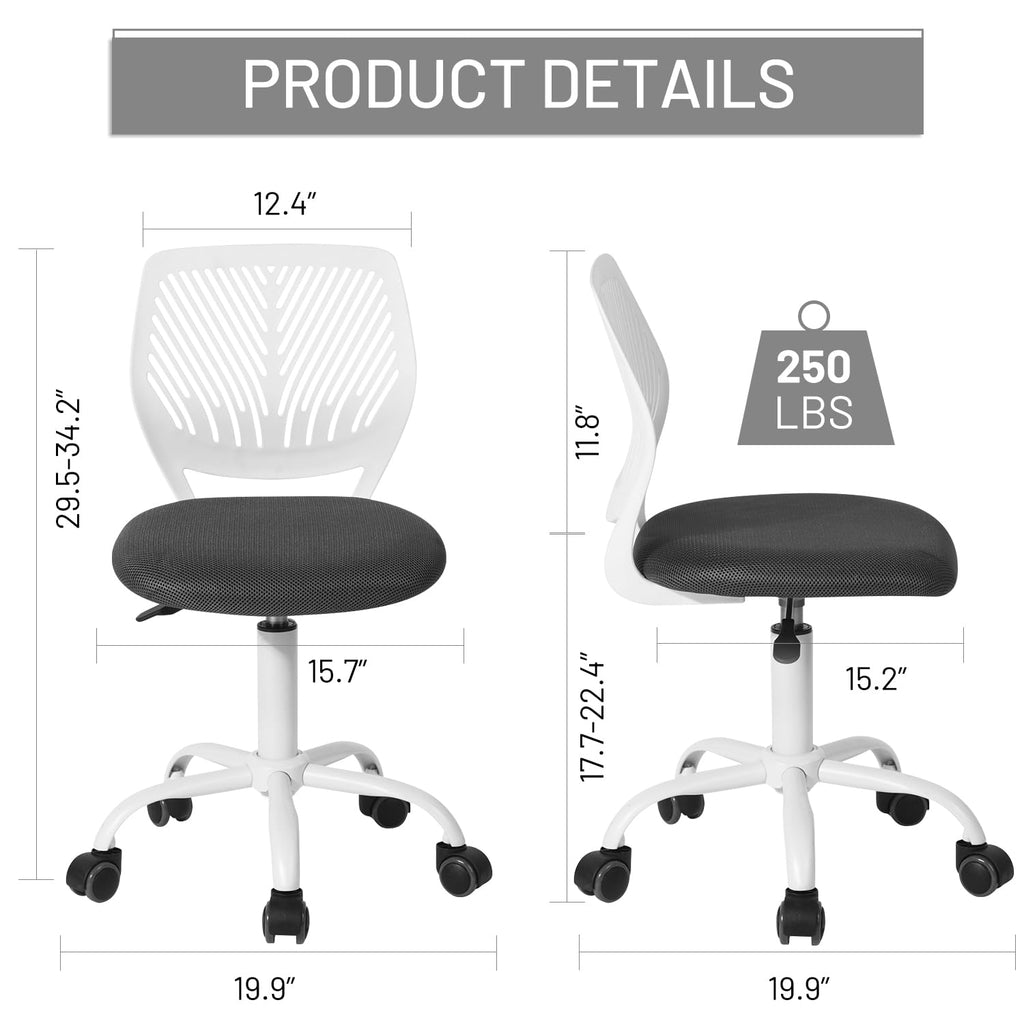 Study Desk Chair Armless Cute, Ergonomic Small Swivel Adjustable Rolling Lightweight Task Chair with Wheels and Mesh Padded Cushion