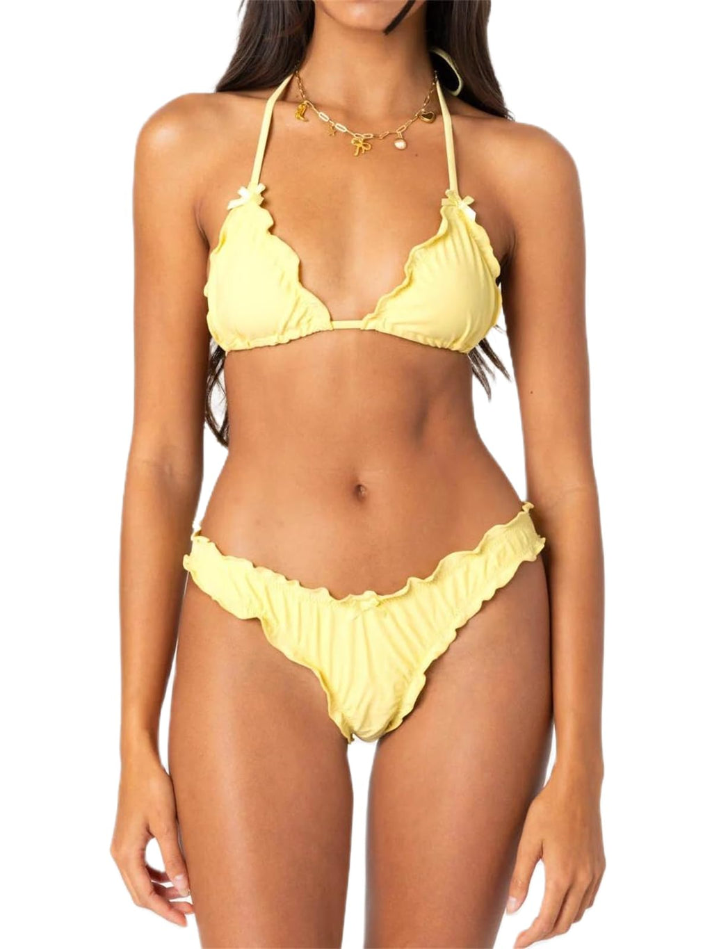 Women Y2k Bikinis Sets Coquette Aesthetic Bows Halter Tie Up Bikini Top High Cut Elastic Waist Bikini Bottom