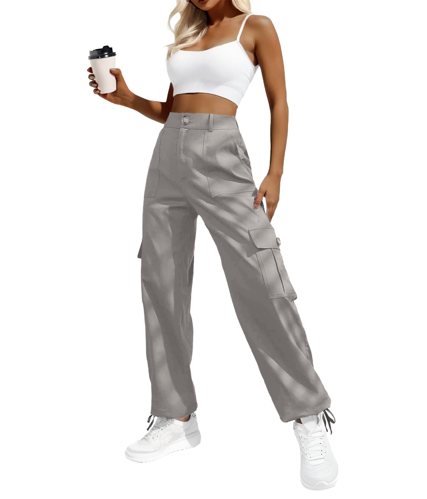 Women's High-Waisted Cargo Pants â€?Y2K Streetwear Baggy with 6 Pockets & Drawstring Cuffs