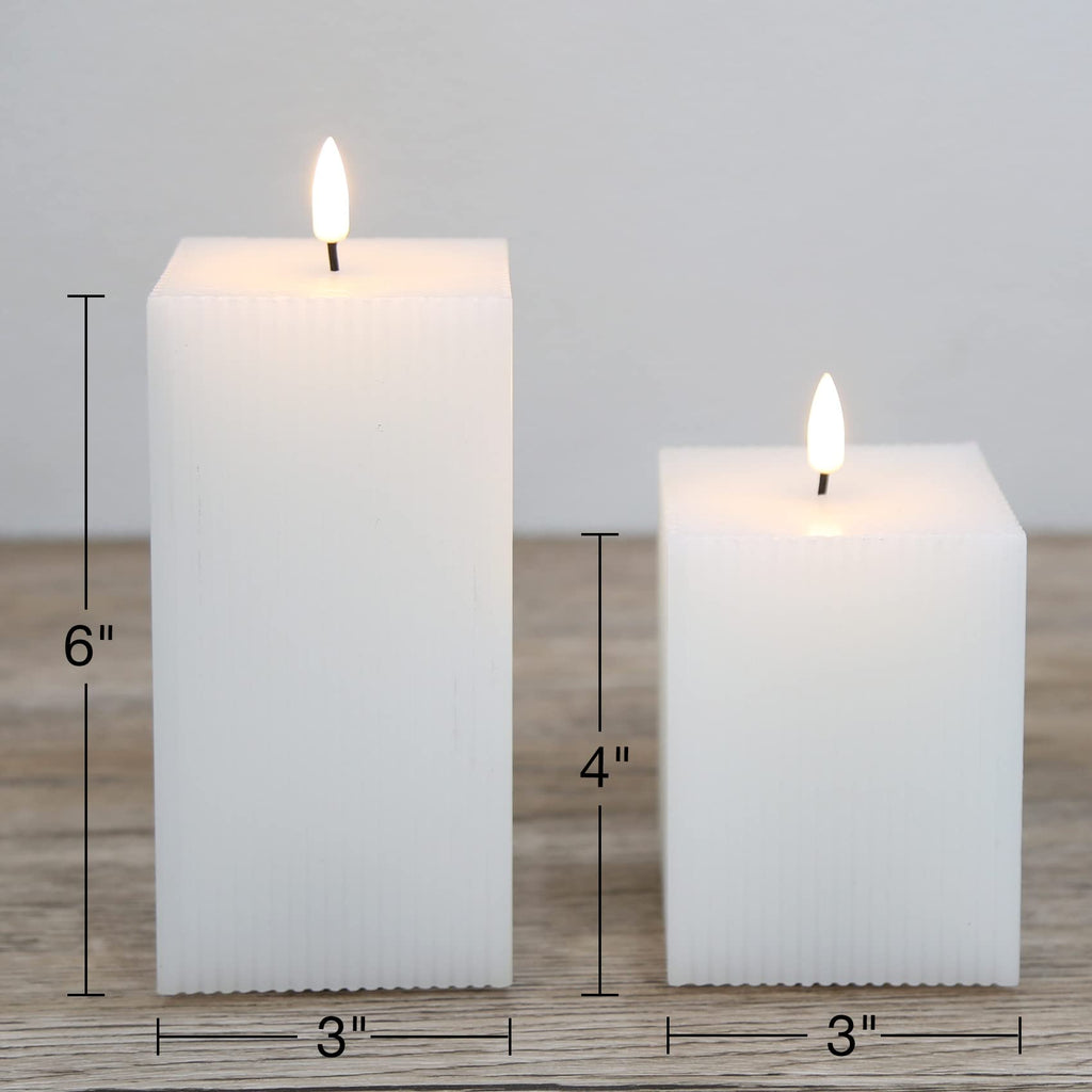Square Ribbed Flameless Candles with Remote, Flickering Real Wax Battery LED Candles 3" H 4" 6"