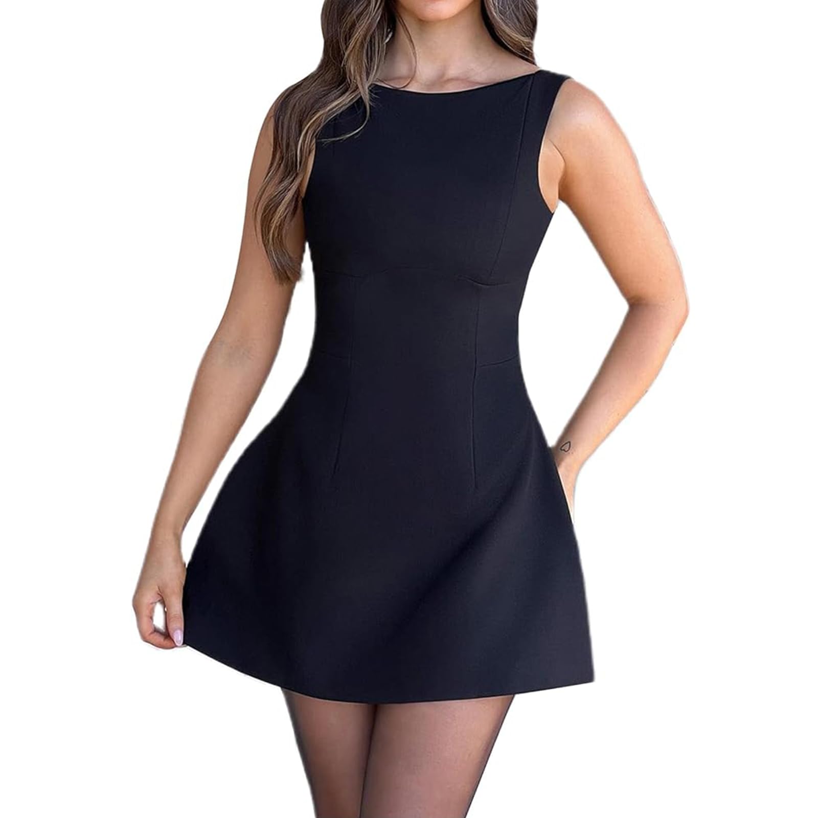 Women Sexy Backless Mini Dress Sleeveless Open Back A Line Tank Dress