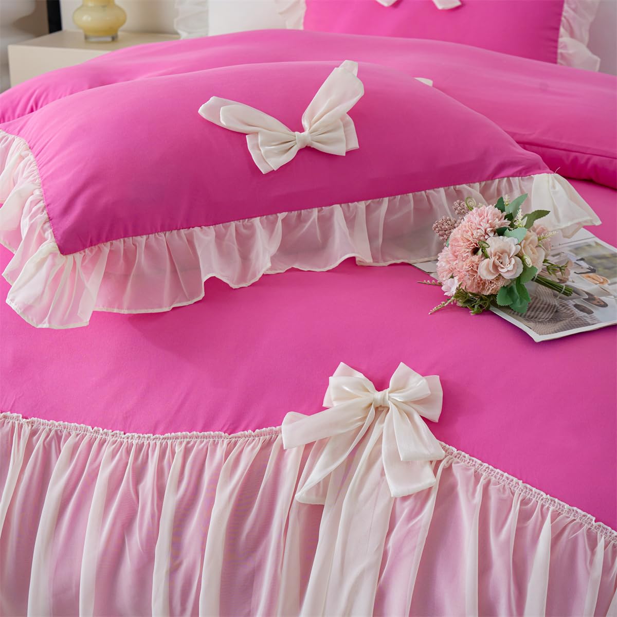 Ruffle Duvet Cover Bedding Set with Bowtie, 2 Pieces Comforter Cover Set with Zipper Closure with Pillowcase