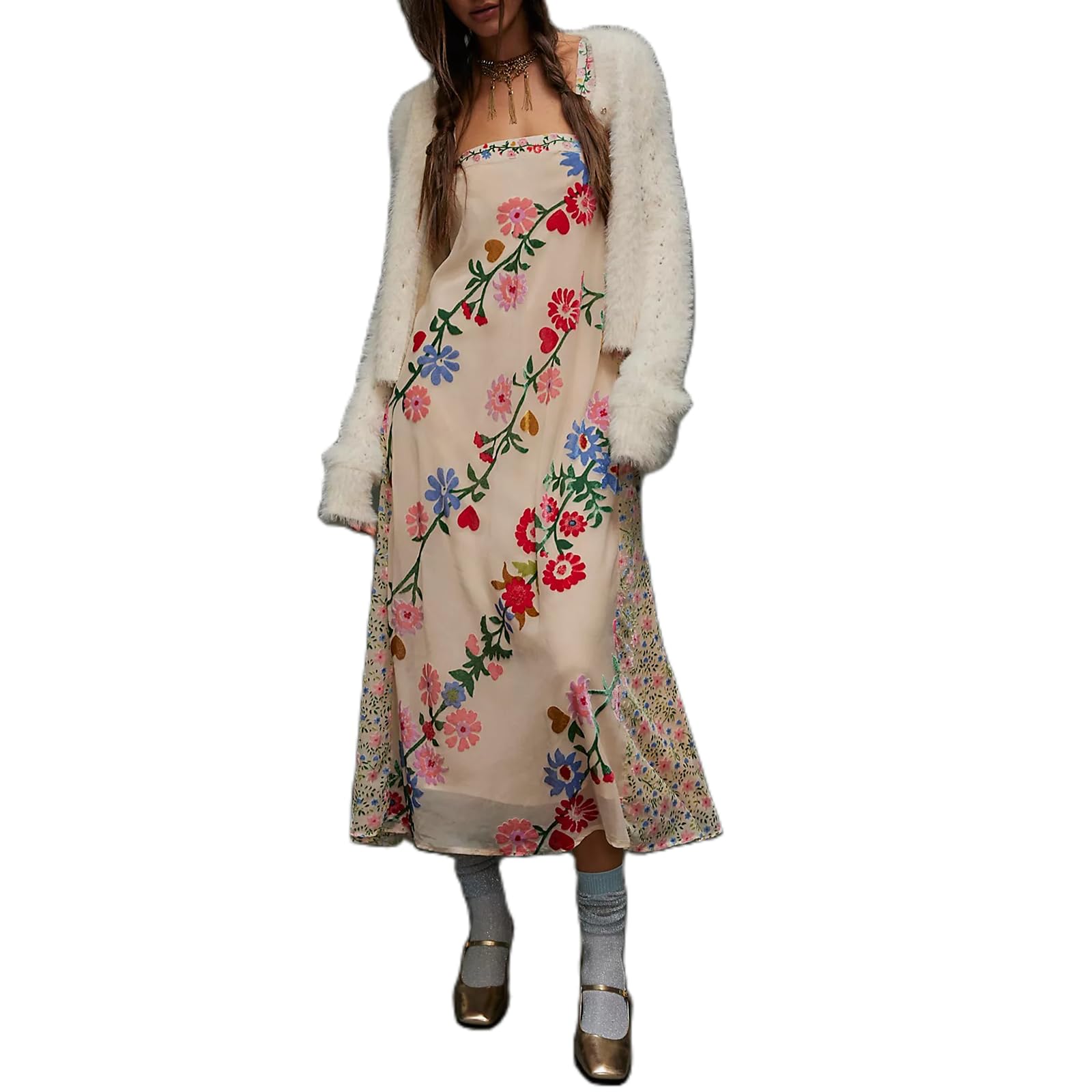 Women Floral Slip Dress Spaghetti Strap Maxi Dress Backless Slim Fit Long Dresses Flowers Print Going Out Dress