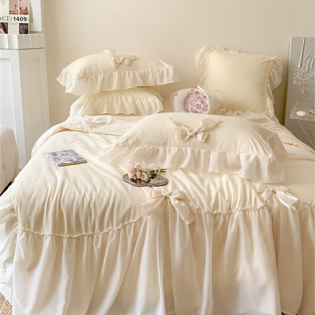 Ruffle Duvet Cover Bedding Set with Bowtie, 2 Pieces Comforter Cover Set with Zipper Closure with Pillowcase