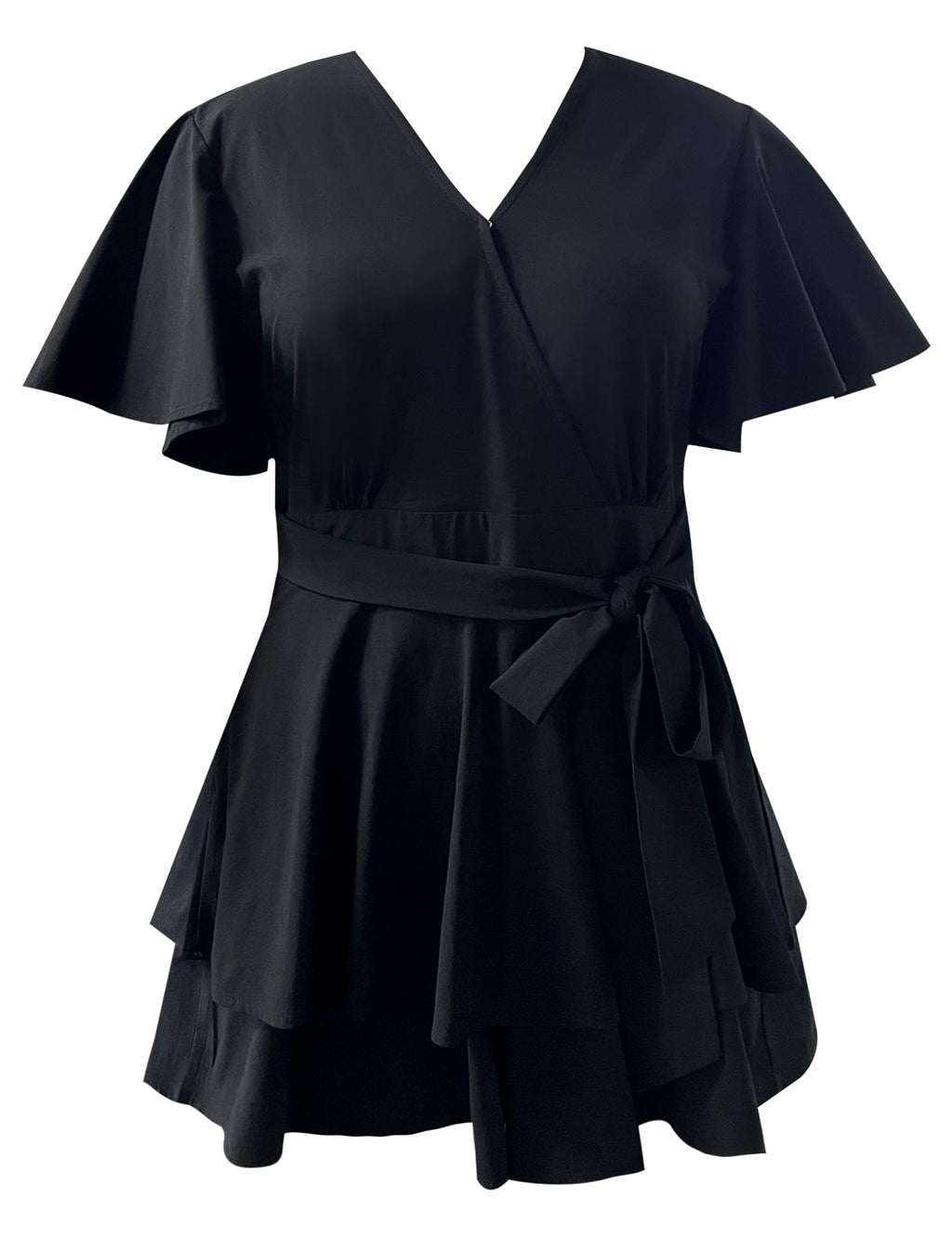 Women's Floral Rompers Jumpsuits V Neck Short Baggy Sleeve Waist Tie Double Layer Ruffle Hem Romper