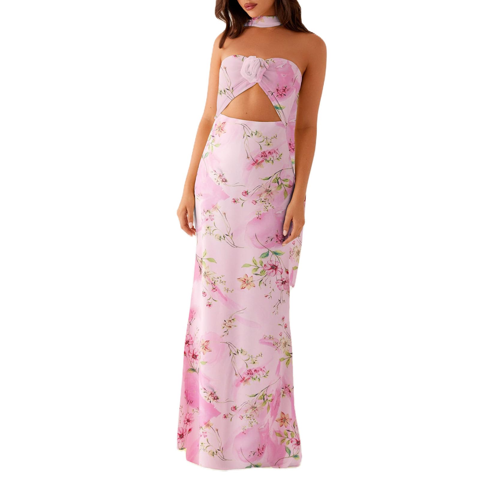Women's Strapless Neck Scarf Floral Dresses Open Back Bodycon Long Dress Maxi Fitted Sundress