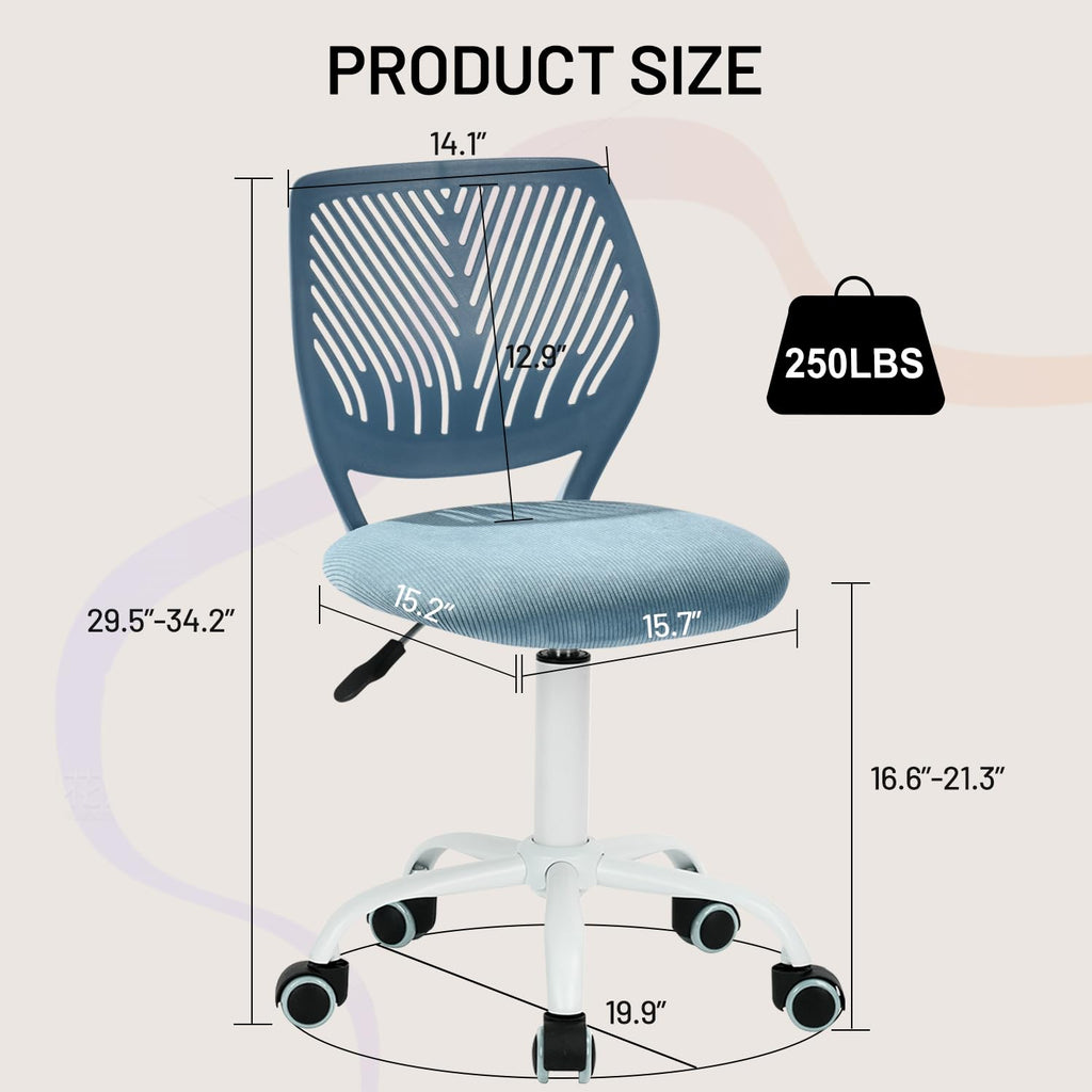 Study Desk Chair Armless Cute, Ergonomic Small Swivel Adjustable Rolling Lightweight Task Chair with Wheels and Mesh Padded Cushion