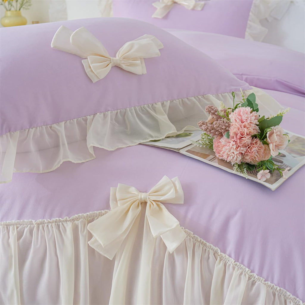 Ruffle Duvet Cover Bedding Set with Bowtie, 2 Pieces Comforter Cover Set with Zipper Closure with Pillowcase