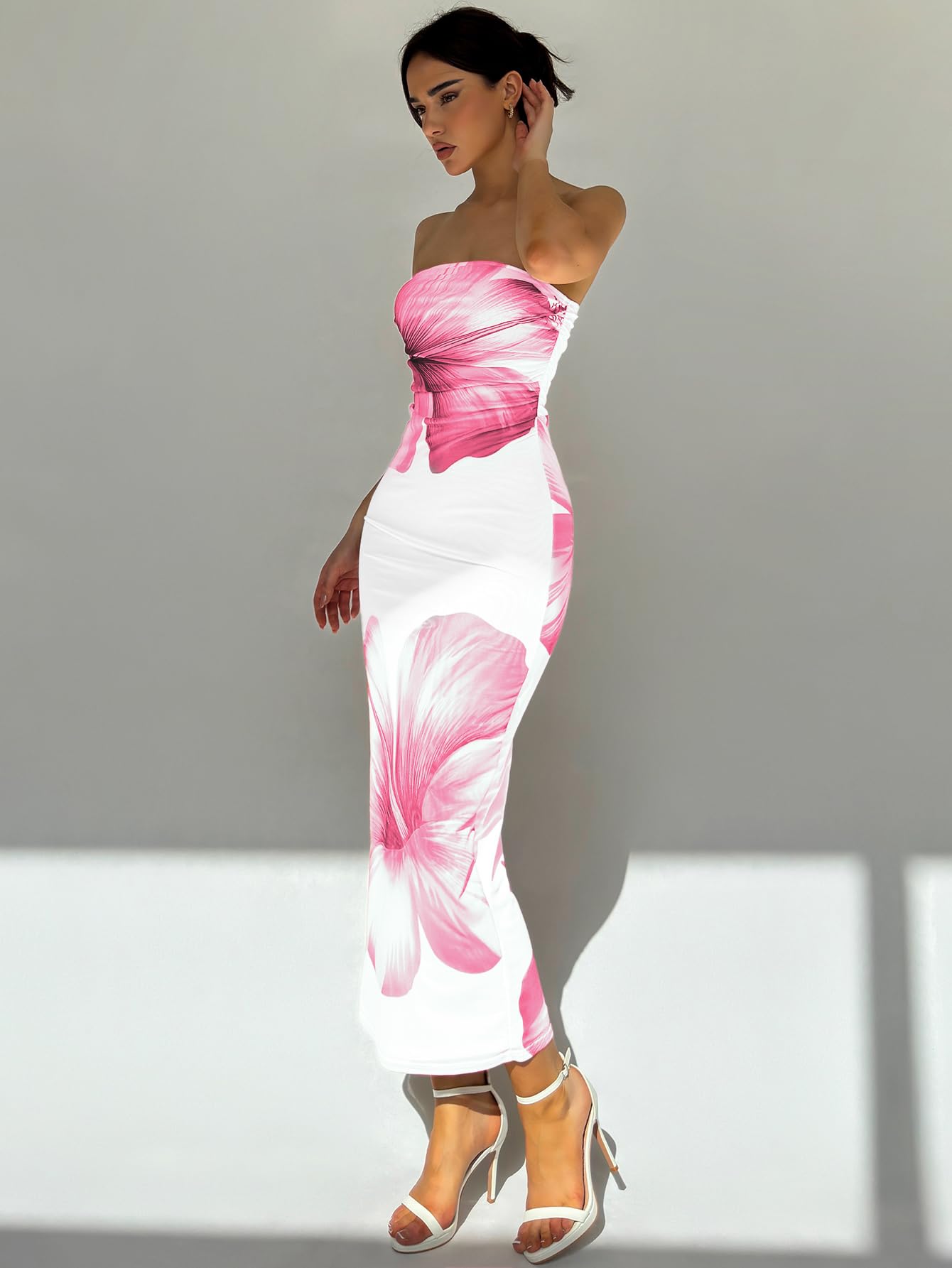 Women's Floral Strapless Bodycon Maxi Dress Summer Tube Top Dresses