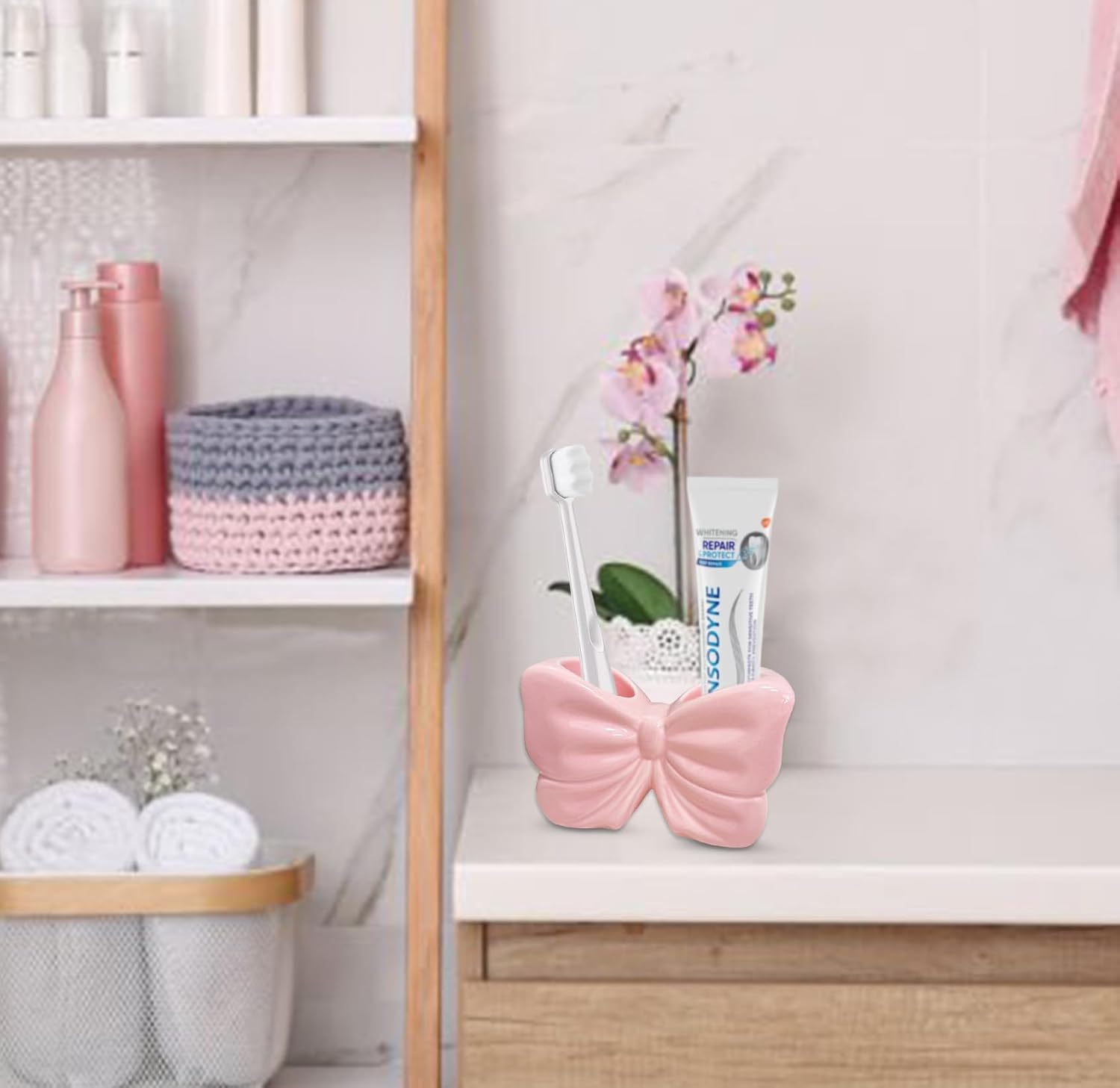 Toothbrush Holders for Bathrooms, Cute Ceramic Toothbrush Organizer and Toothpaste Holder/Toothbrush Stand Bow Pink Toothbrush Holder