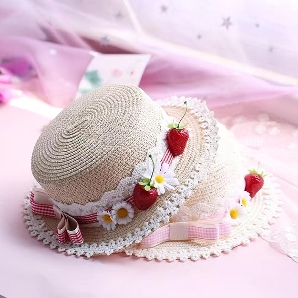 Lolita Strawberry Straw Hat for Women Teens Summer Outdoor Fashionable Wide Brim Beach Sun Hats UV Protection