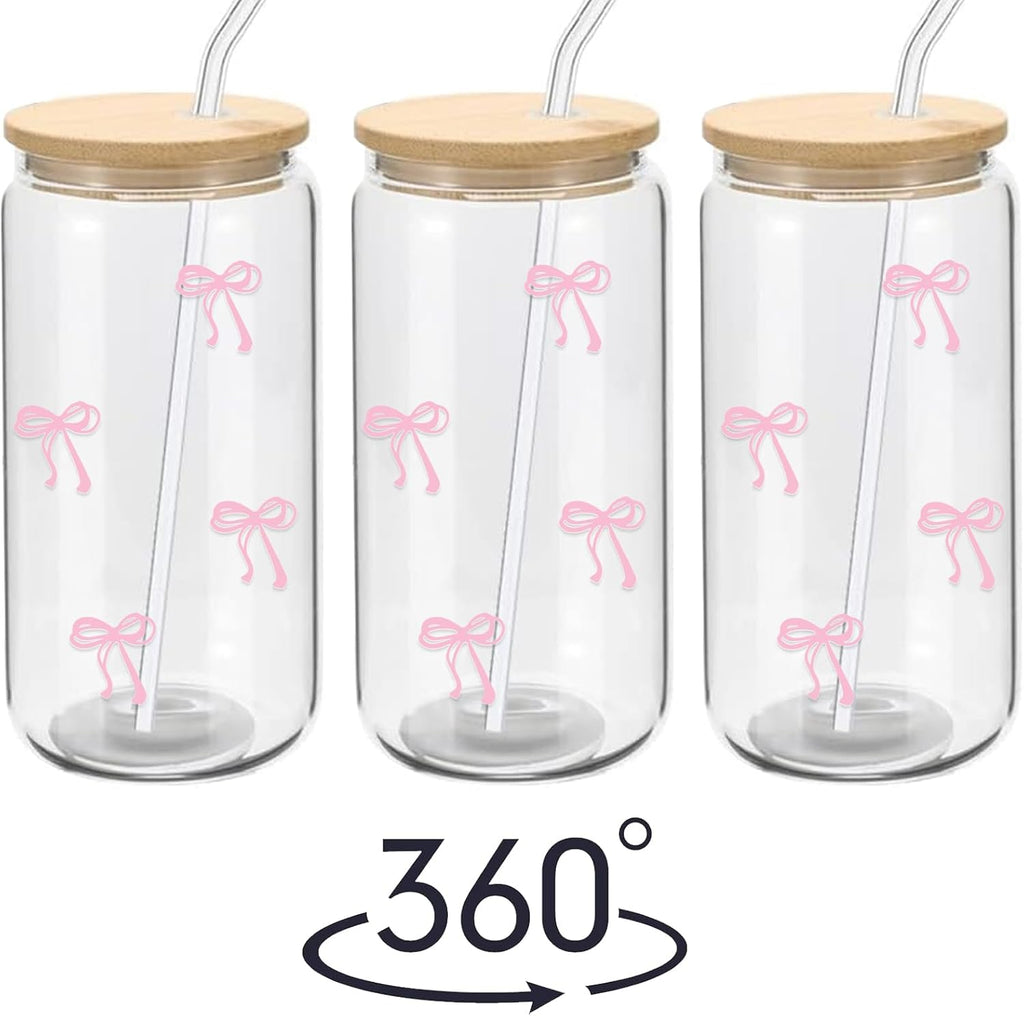 Coquette Aesthetic Glass Cup with Lid and Straw â€?Pink Bow Iced Coffee Tumbler, 16 oz, Includes Cleaning Brush and Gift Box