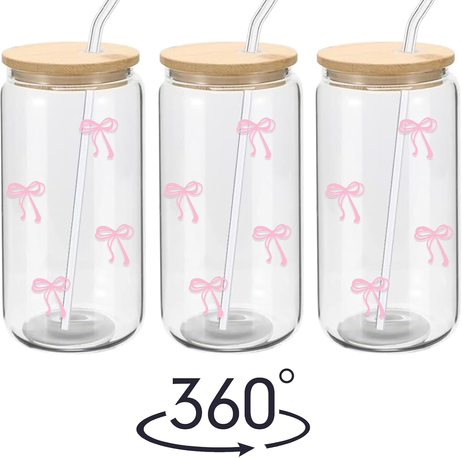 Coquette Aesthetic Glass Cup with Lid and Straw â€?Pink Bow Iced Coffee Tumbler, 16 oz, Includes Cleaning Brush and Gift Box