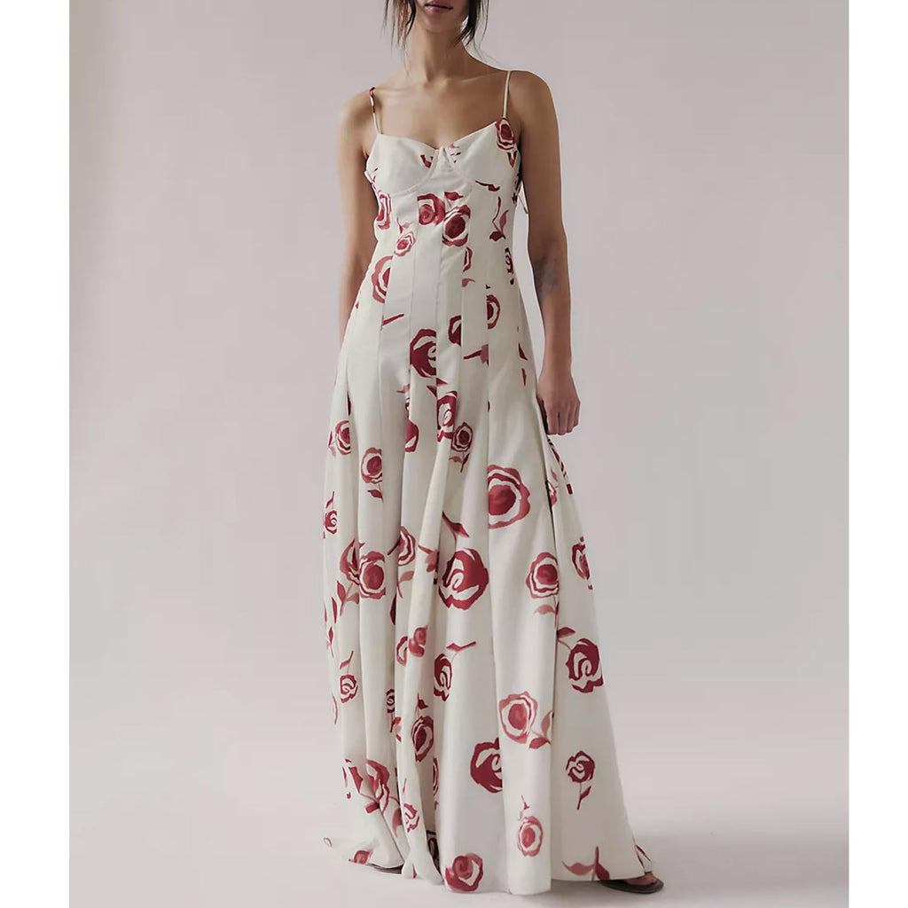Women Floral Slip Dress Spaghetti Strap Maxi Dress Backless Slim Fit Long Dresses Flowers Print Going Out Dress