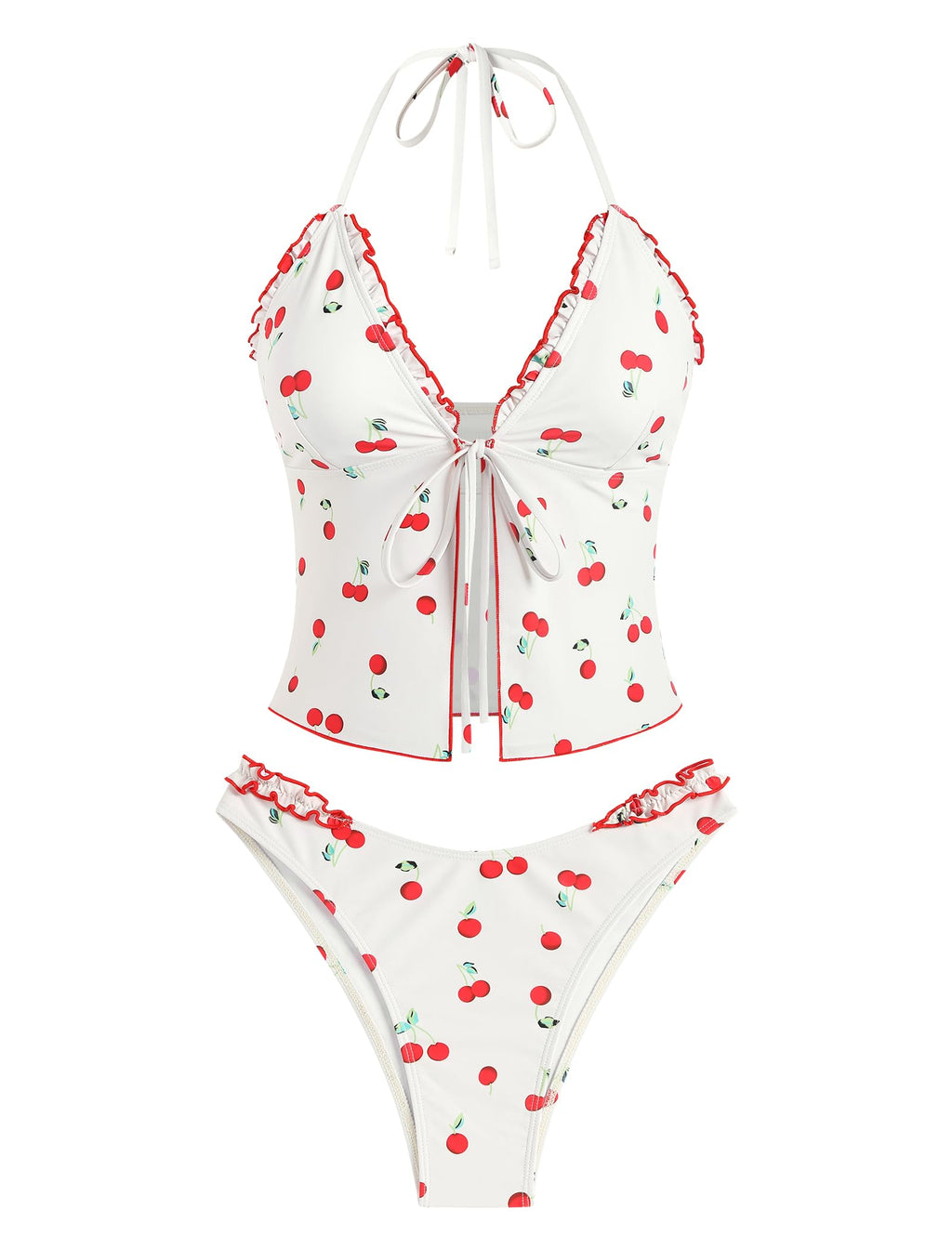 Tankini Swimsuits for Women Smocked Ruffles Tie Front Bowknot Textured High Cut Tanga Tankini Set