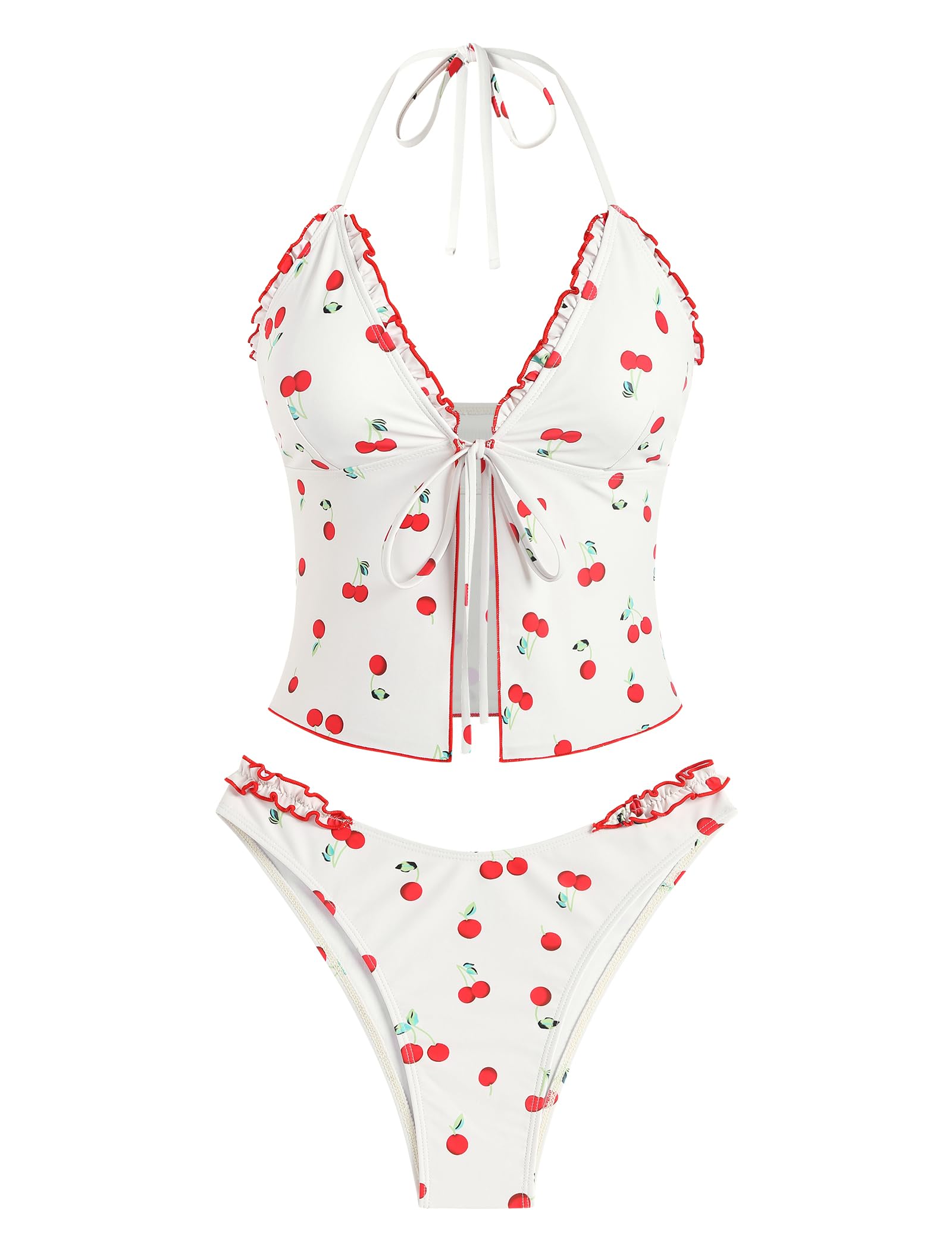 Tankini Swimsuits for Women Smocked Ruffles Tie Front Bowknot Textured High Cut Tanga Tankini Set