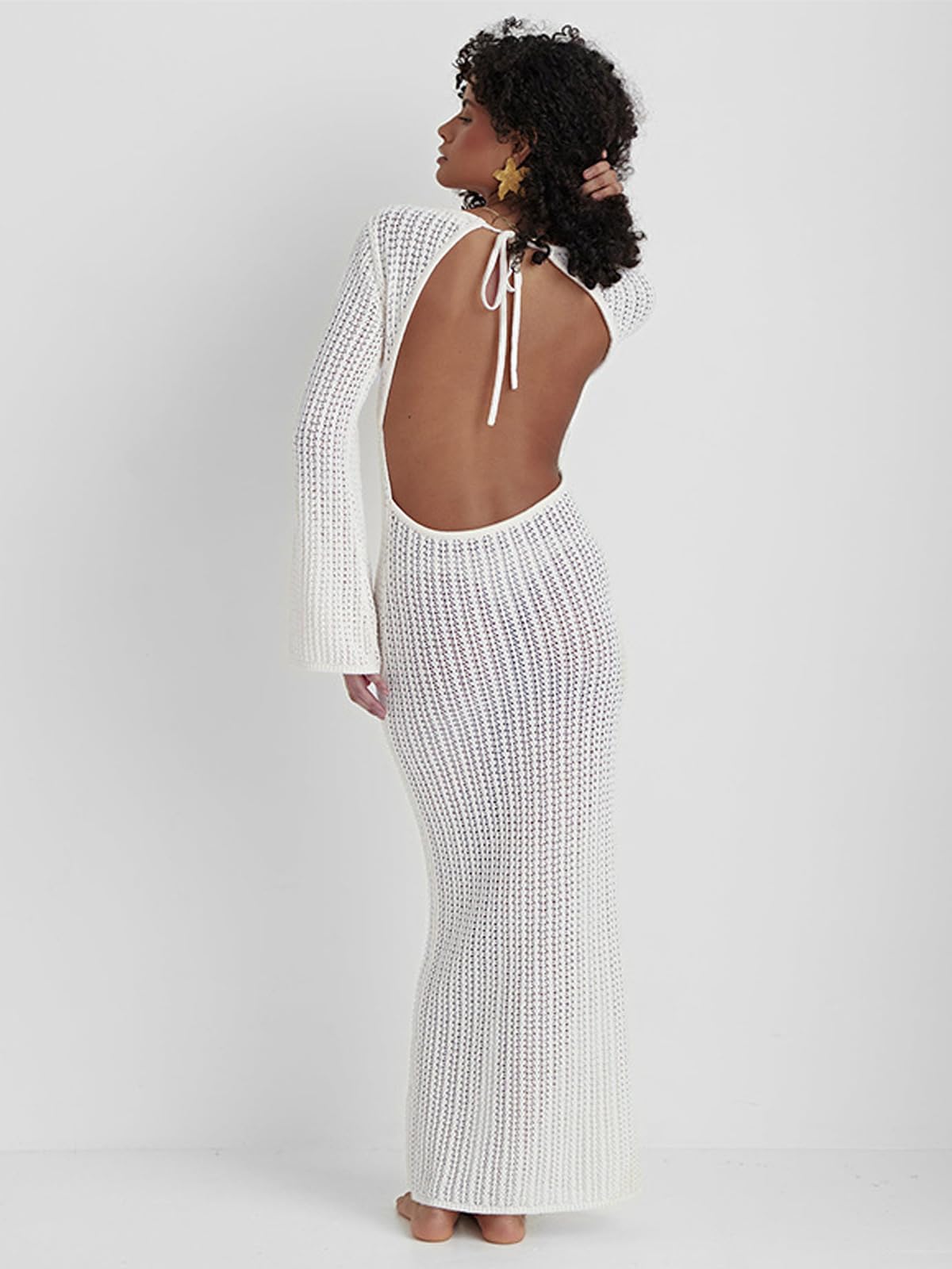 Women's Knitted Swimsuit Cover Up 3D Floral Hollow Out Open Back Tie-Up Maxi Dress Beachwear Coverup Dresses